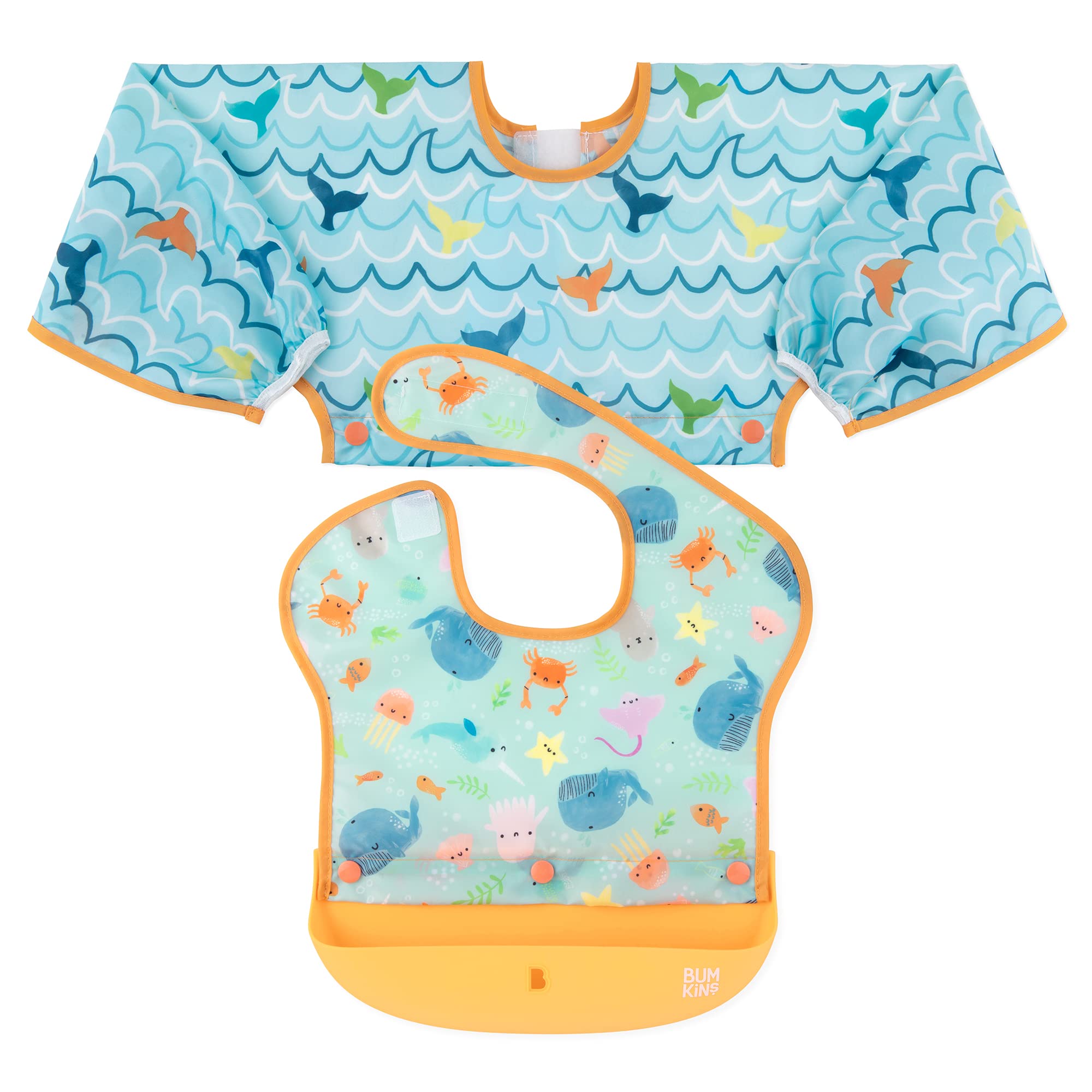 Bumkins Bavaglino in silicone per bambine e bambini, 6-24 mesi, indispensabile per mangiare, nutrire, tessuto combinato, bavaglini e maniche lunghe con custodia