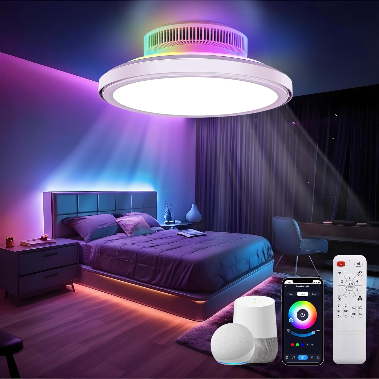 18" Bladeless Ceiling Fans, Low Profile Ceiling Fan with Light, Smart RGB Ceiling Light Fixture Support Alexa with Voice/Remote/APP Control, Modern led Ceiling Light Flush Mount, White