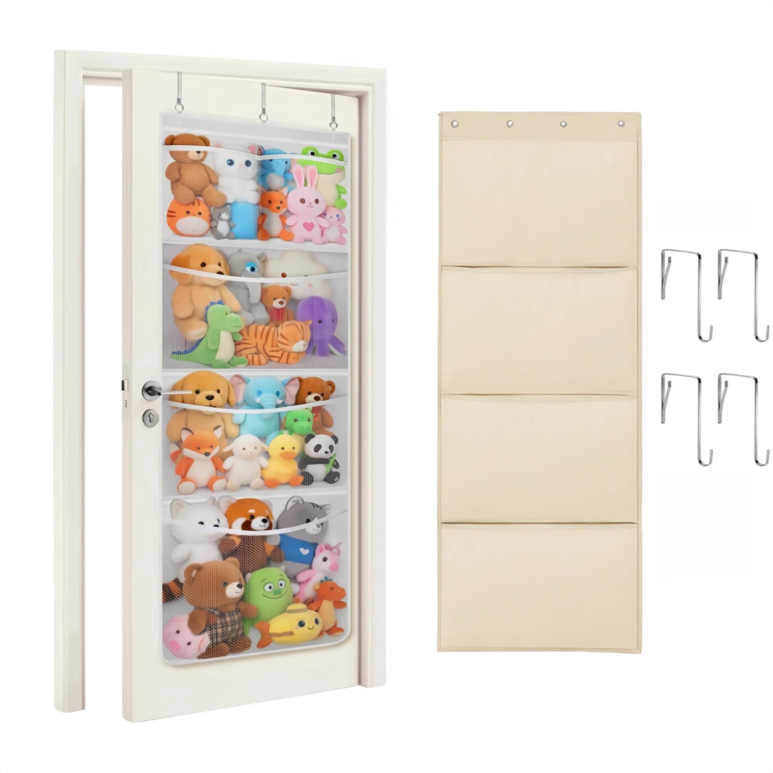 Tarqite Over the Door Stuffed Animal Organiser, Cotton Toy Storage Holder with 4 Large Pockets, Hanging Organiser for Nursery, Bedroom, Kids' Room