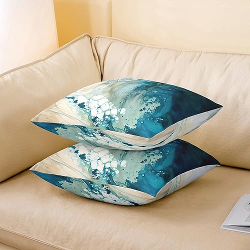 Miniatura 3 de Juego de 2 fundas de almohada abstractas modernas de 22 x 22 pulgadas, suaves, color verde azulado, negro y marrón, fundas de cojín para sala de