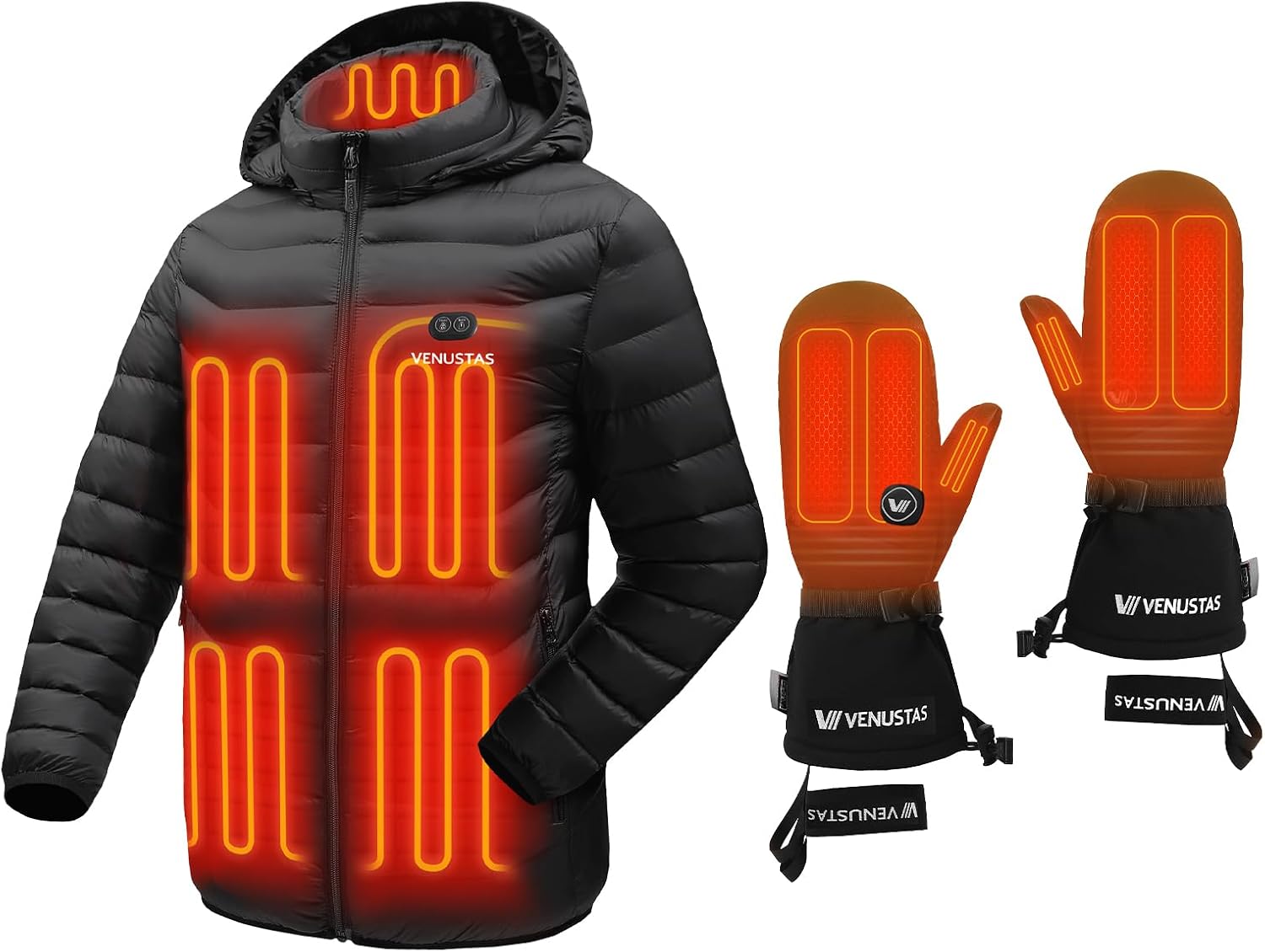 Venustas Unisex Heated Jacket with Battery(Black, Large) & Heated Mittens(Black, Large) Bundle, 6-Zone Body Heat & 14H Hand Warmth, Waterproof & Windproof for Extreme Cold