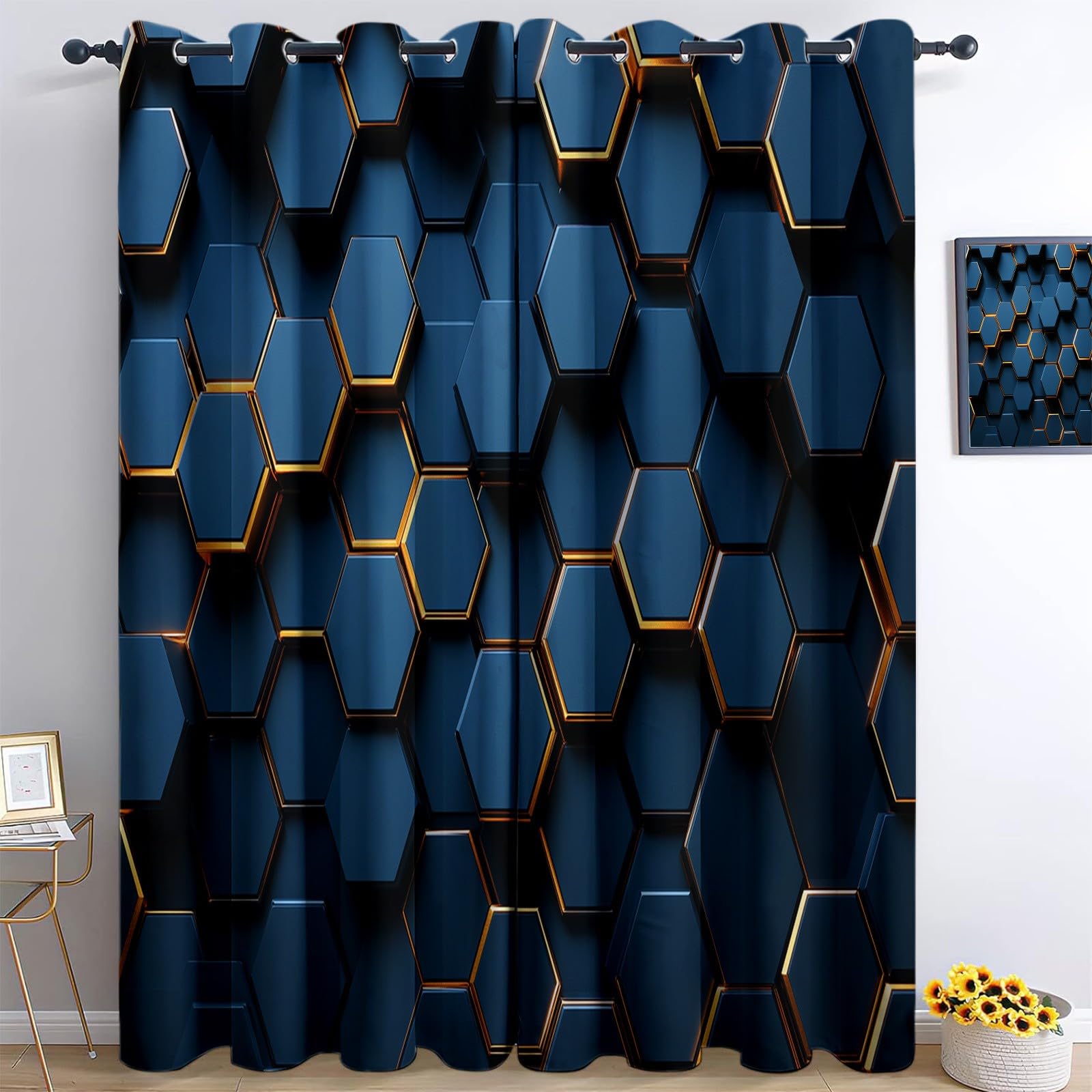 Dziecięca geometryczna zasłona zaciemniająca sześciokąt o strukturze plastra miodu 117 x 229 cm Zestaw 2 zasłon z nadrukiem do salonu, kuchni, dekoracji wnętrz, zasłon i zasłon z oczkami, granatowa