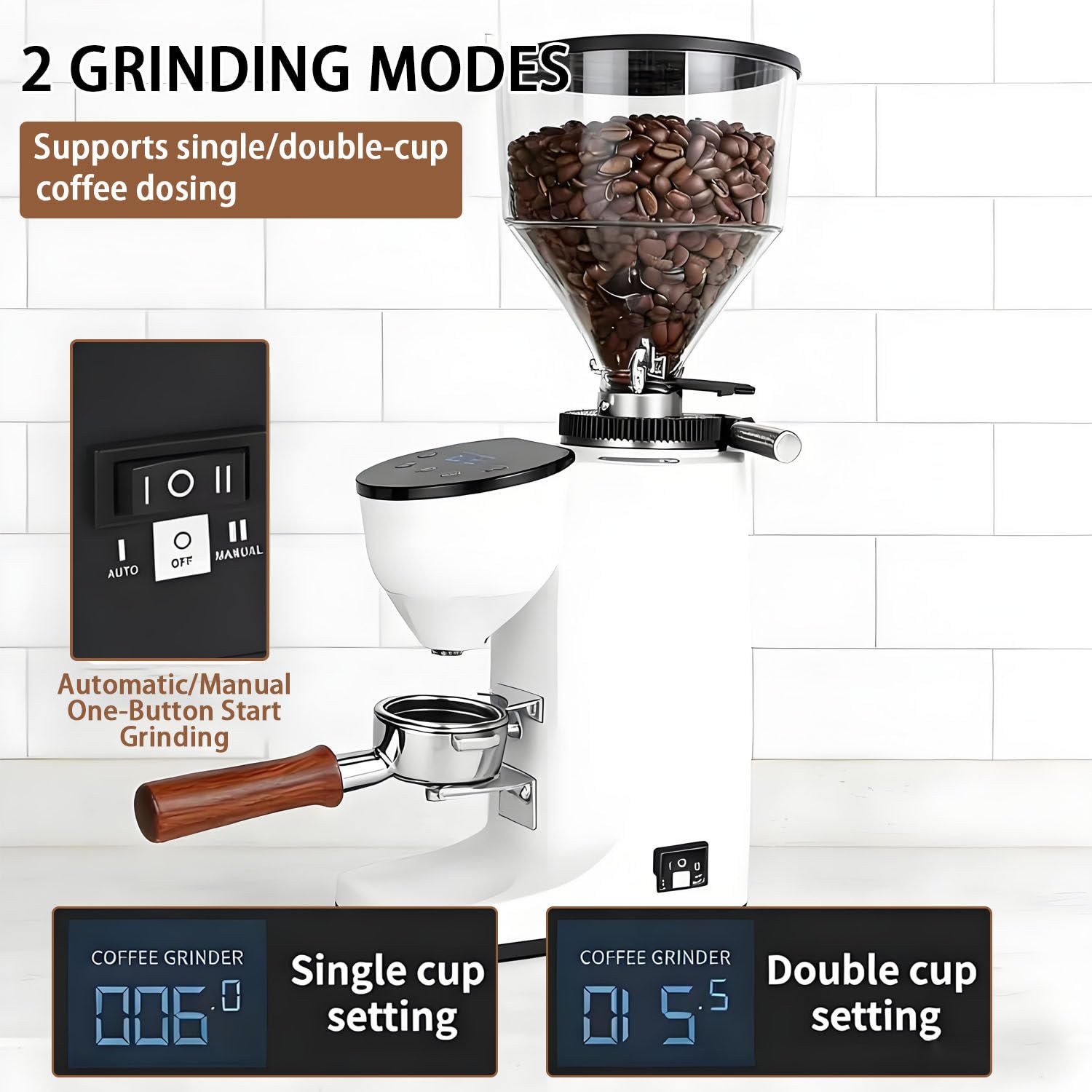 Molinillo de café eléctrico con muelas, Molinillo de café con Pantalla Digital y ajustes Regulables, Soporte de Embudo Desmontable, Panel de Control LED, para Espresso y café de Filtro. White