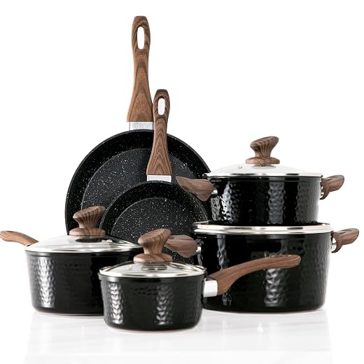 Kitchen Academy Pots and Pans Set Non Stick - 15 Pcs Black Induction Kitchen Cookware Sets, Healthy Non-toxic Hammered Cooking Pans Set