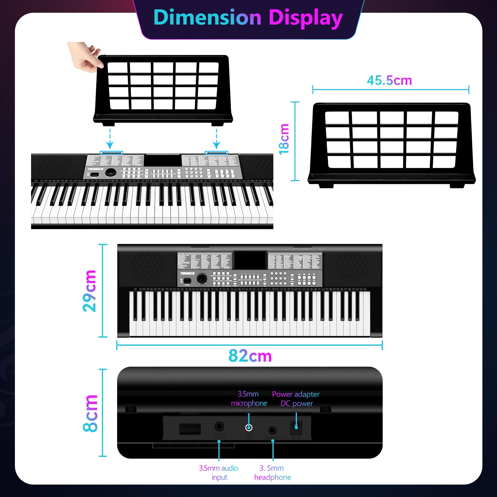 TERENCE Piano Numérique 61 Touches Double Haut-parleur HiFi Clavier Piano avec 51 Touches de Fonction Affichage LED Double Clavier 2 Options d'alimentation Support pour Casque et Microphone