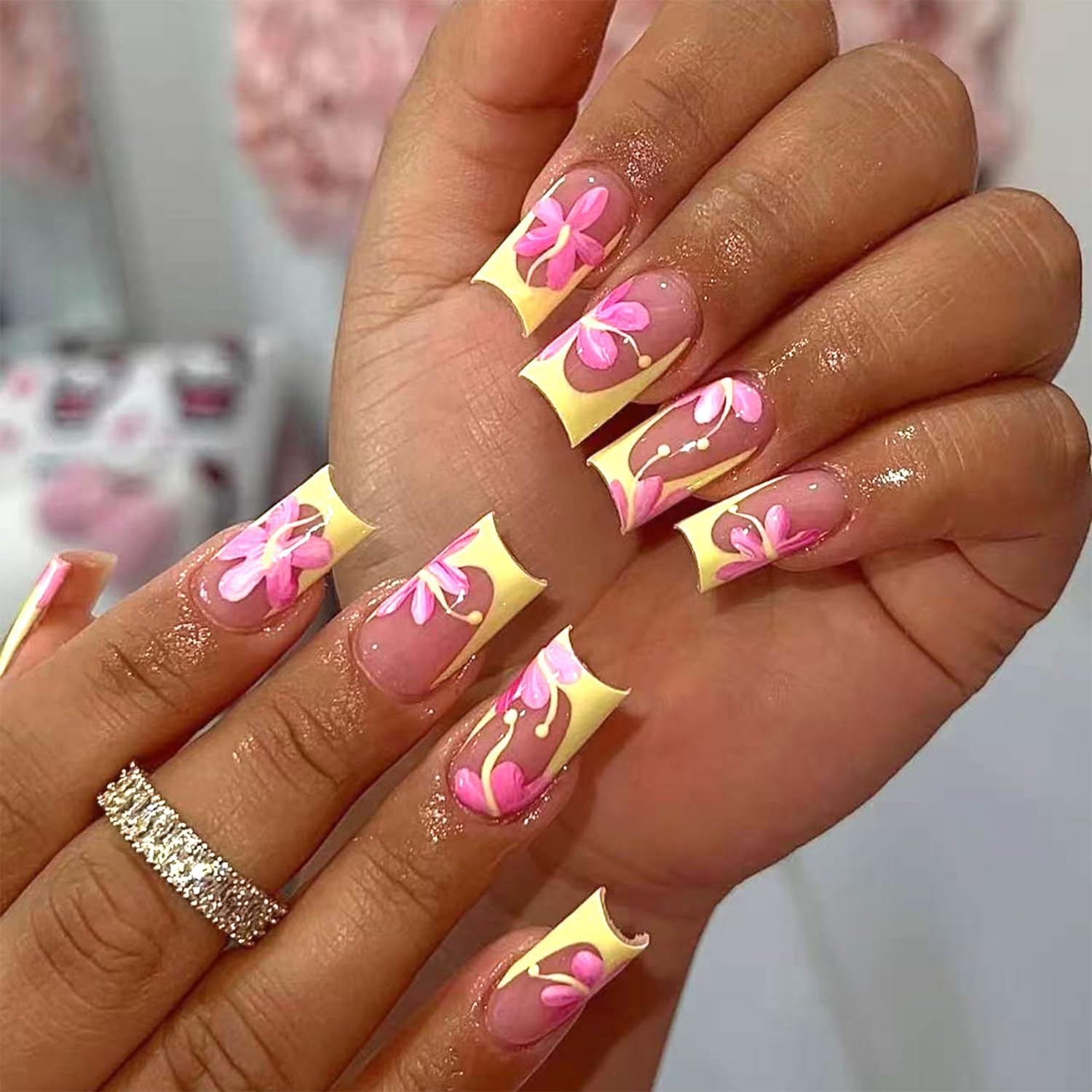 LWTZLW French Tip Press on Nails Medium Square False Nails Pink Flower Full Cover Glue ons Nails Summer Coffin Acrylic Fake Nail Yellow French Tip