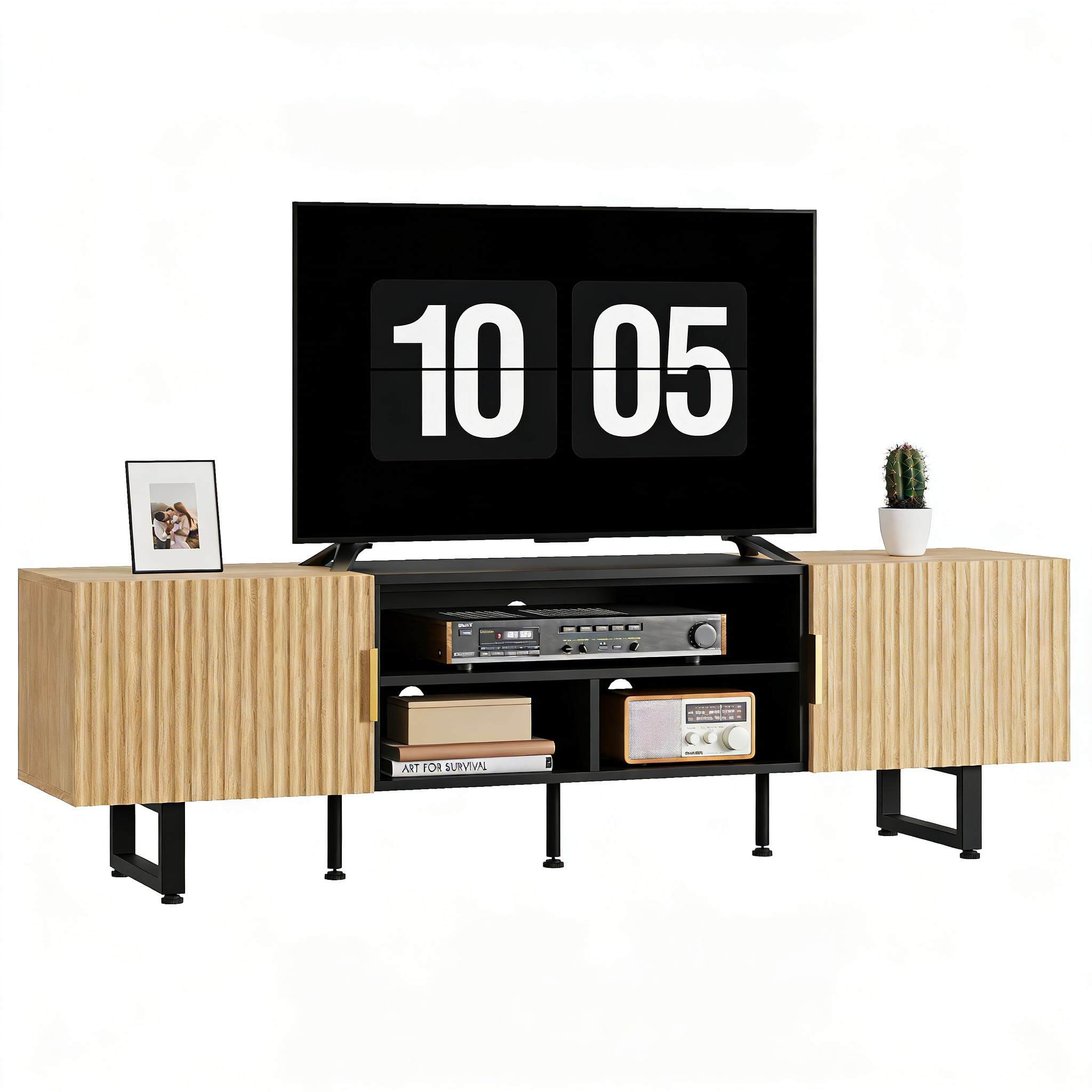 IRONCK TV Cabinet 180 cm Lowboard for TVs up to 65/75/80 Inches, TV Stand with 2 Doors, 3 Open Compartments, Wooden TV Cabinet, Modern TV Board for Living Room, Bedroom ⟮Walnut Wood⟯