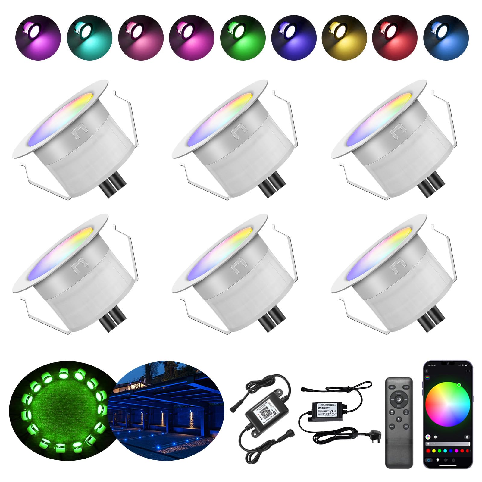 INDARUN RGBW Led Decking Lights Waterproof IP67 Ø31MM + WiFi Controller - Lighting for Terrace/Patio/Path/Wall/Garden/Decoration, 6 Packs — image 1