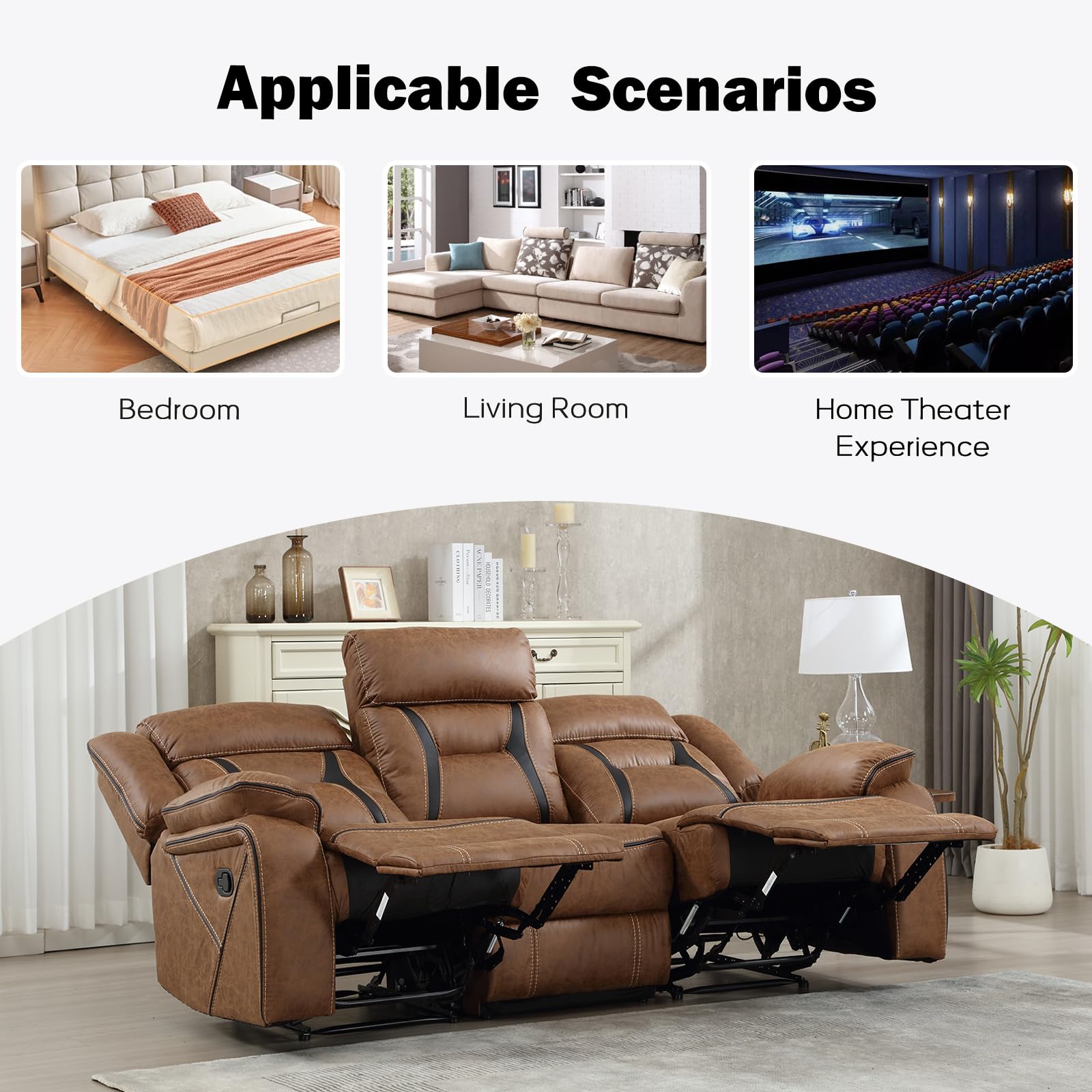 EBELLO Faux Leather Manual Reclining Sofa, 3 Seat Recliner Sofa Chair, Couch Furniture for Living Room, Furniture, Meeting Room, Brown (3 Seat Sofa) view 5