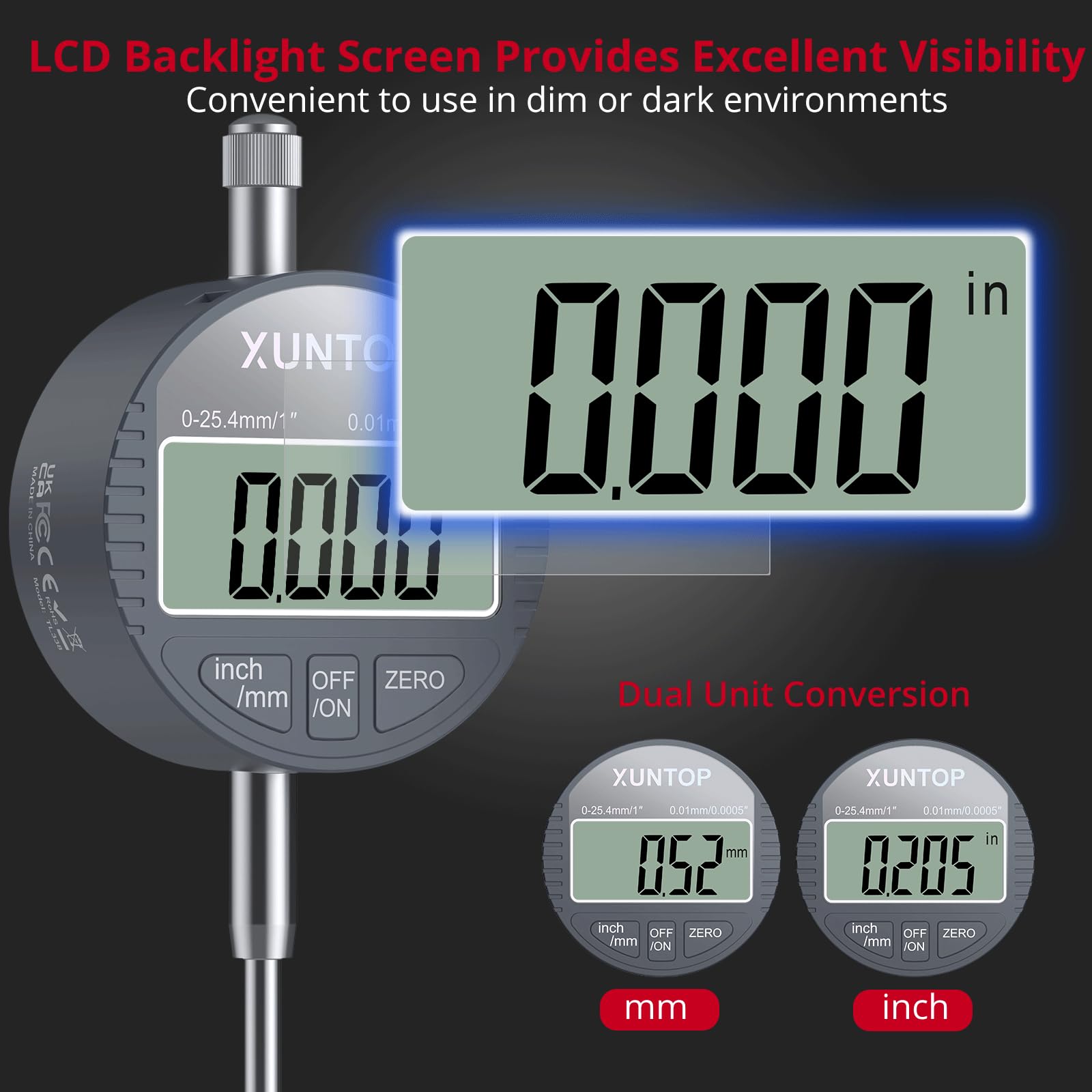 XUNTOP Reloj Comparador 0-1''/0.0005'' Indicador de Cuadrante con 360° Soporte Flexible y 7" Alicate de Bloqueo para Comprobar Desgaste de Neumáticos y Ruedas, Desgaste de Guías de Válvulas