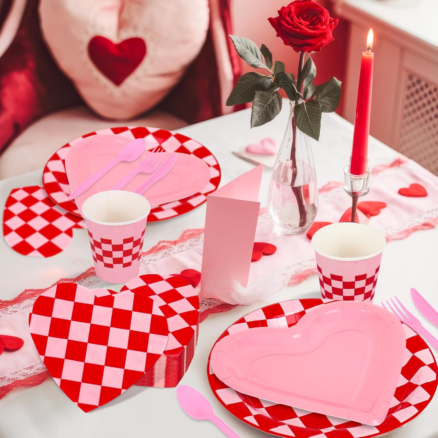 FYSUIMU 175 Pcs Valentine's Day Party Supplies Kit Tableware Set Red Pink Heart Shaped Plaid Disposable Dinnerware Paper Napkin Plate Cup Spoon Fork Knife for 25 Guest Wedding Party Favor