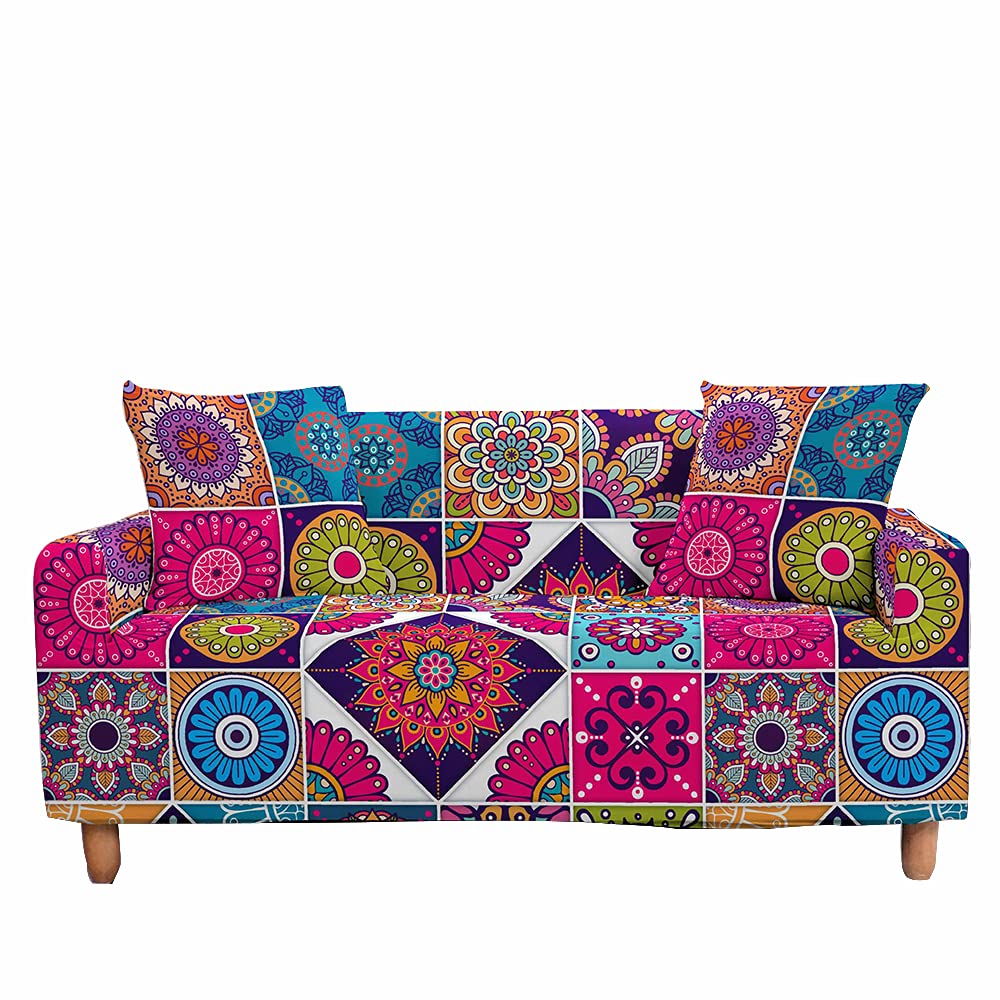 Fansu Sunflower Boho Mandala Patchwork Sofa Cover Slipcover Stretch Furniture Cover Universal Settee Loveseat Couch Cover Home Decor,Non Slip Soft Removable Washable Pet Protector (,2 Seater)