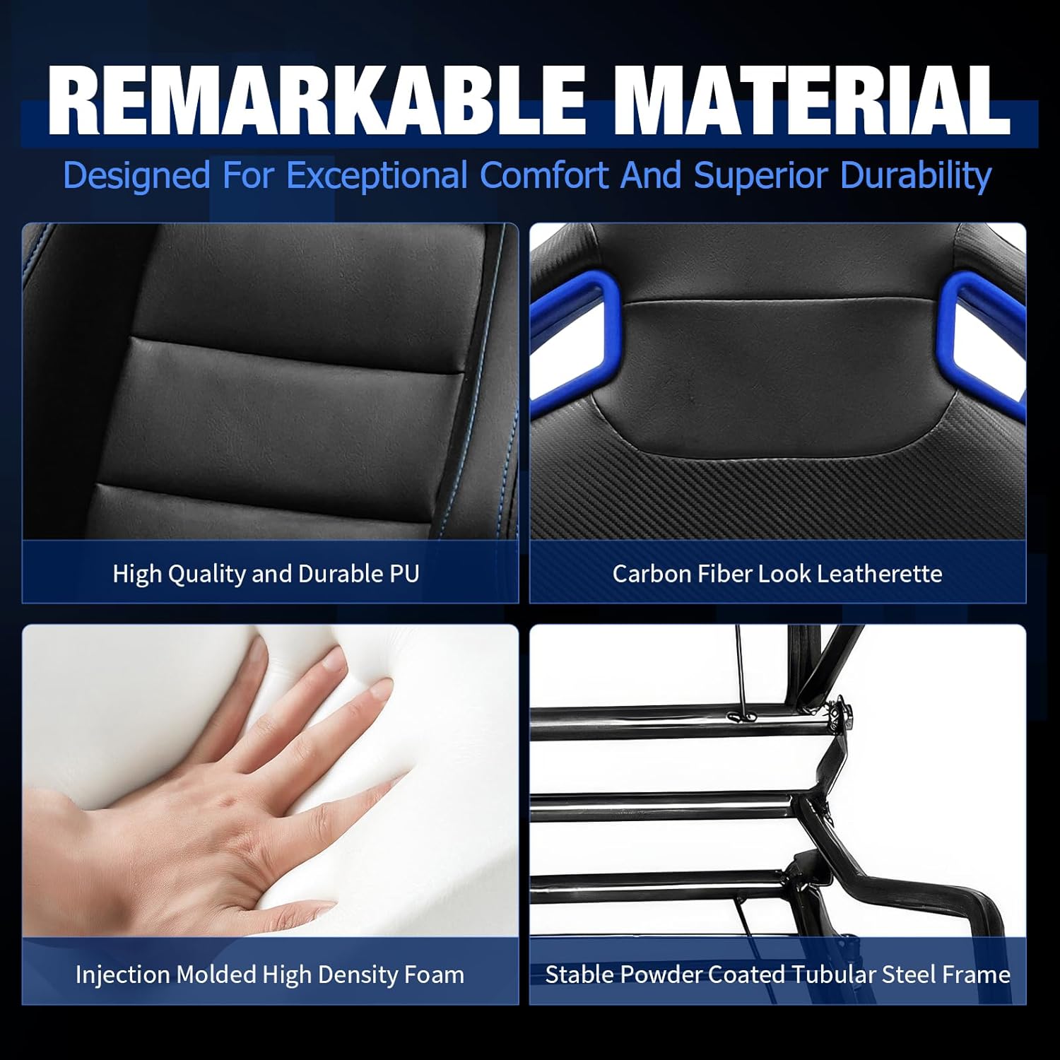 FREEMOTOR802 Racing Seats with Dual Lock Sliders, Universal For Most Cars Vehicles First Row, 1 Pair Reclinable Sport Bucket Seats, PU Carbon Fiber Look Leatherette, Black Blue Slots