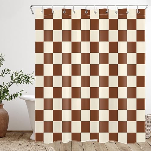 Cortina de ducha vintage a cuadros marrón para baño, bonita cortina de ducha retro a cuadros beige con ganchos, decoración de baño de estilo moderno
