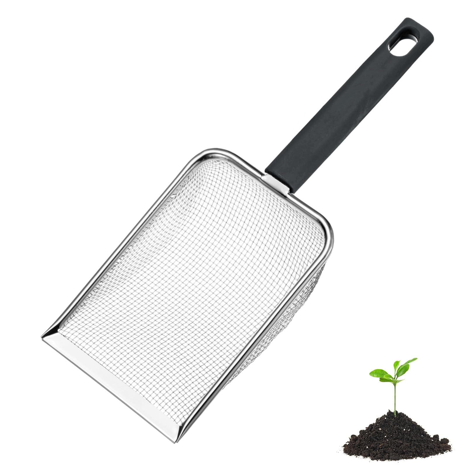 M METERXITY 1-Pack Gardening Soil Sifter, 2 mm Mesh Stainless Steel Portable Gardening Sifter with Plastic Handle for Sand/Dirt/Rock/Compost [White, Gray]