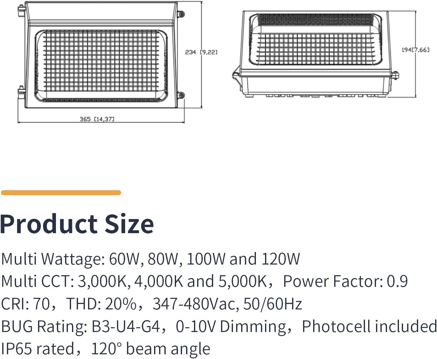LED Wall Pack Light High Voltage 347-480 Vac with Dusk to Dawn Photocell, 60W/80W/100W/120W Selectable 3000K/4000K/5000K, IP65 Outdoor Wall Pack Lighting, ETL DLC Listed, 2PK