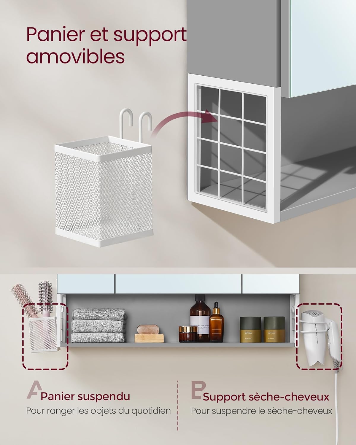 Image showing the removable hanging basket and hair dryer holder attached to the side of the cabinet.