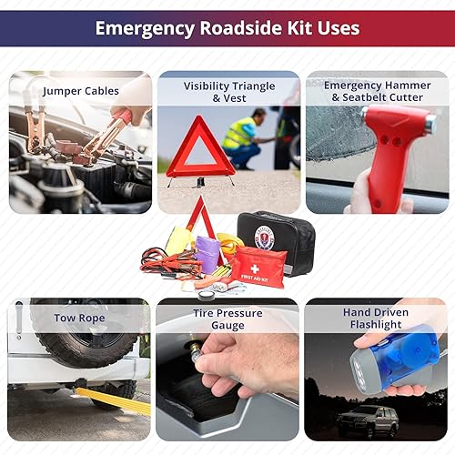 Miniatura 3 de Kit de emergencia para automóvil de asistencia en carretera, kit de primeros auxilios, cables de puente, correa de remolque, luz de flash LED, capa