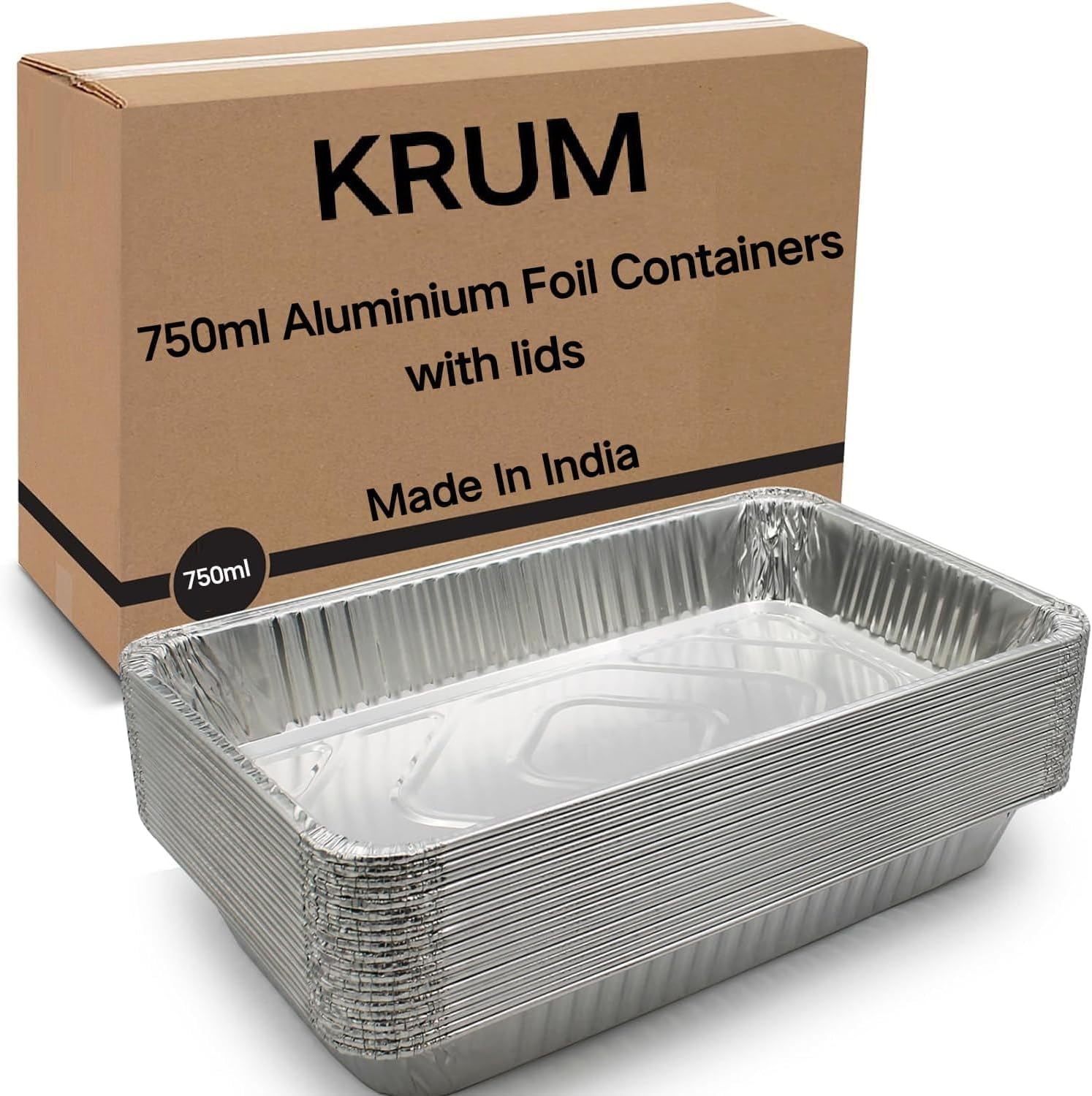 KRUM Food Storage Disposable Aluminium Foil Containers with Lid (Pack of 25, 750 ml)