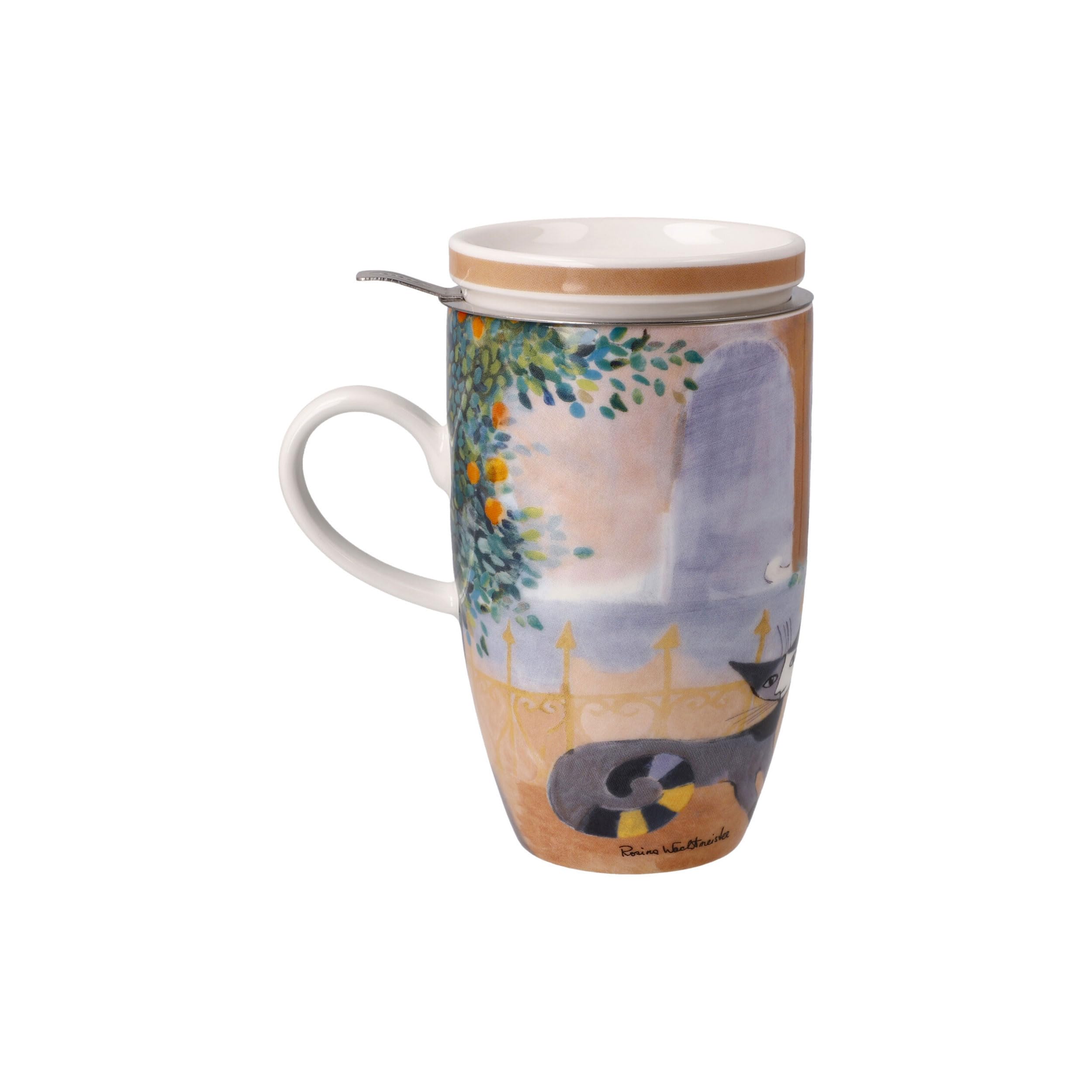 Goebel 66-861-32-1 - Tazza da tè con coperchio e colino Rosina Wachtmeister - Tempi felici in fine bone cinese, metallo, colore: Multicolore, dimensioni: 11,5 x 8 x 14 cm