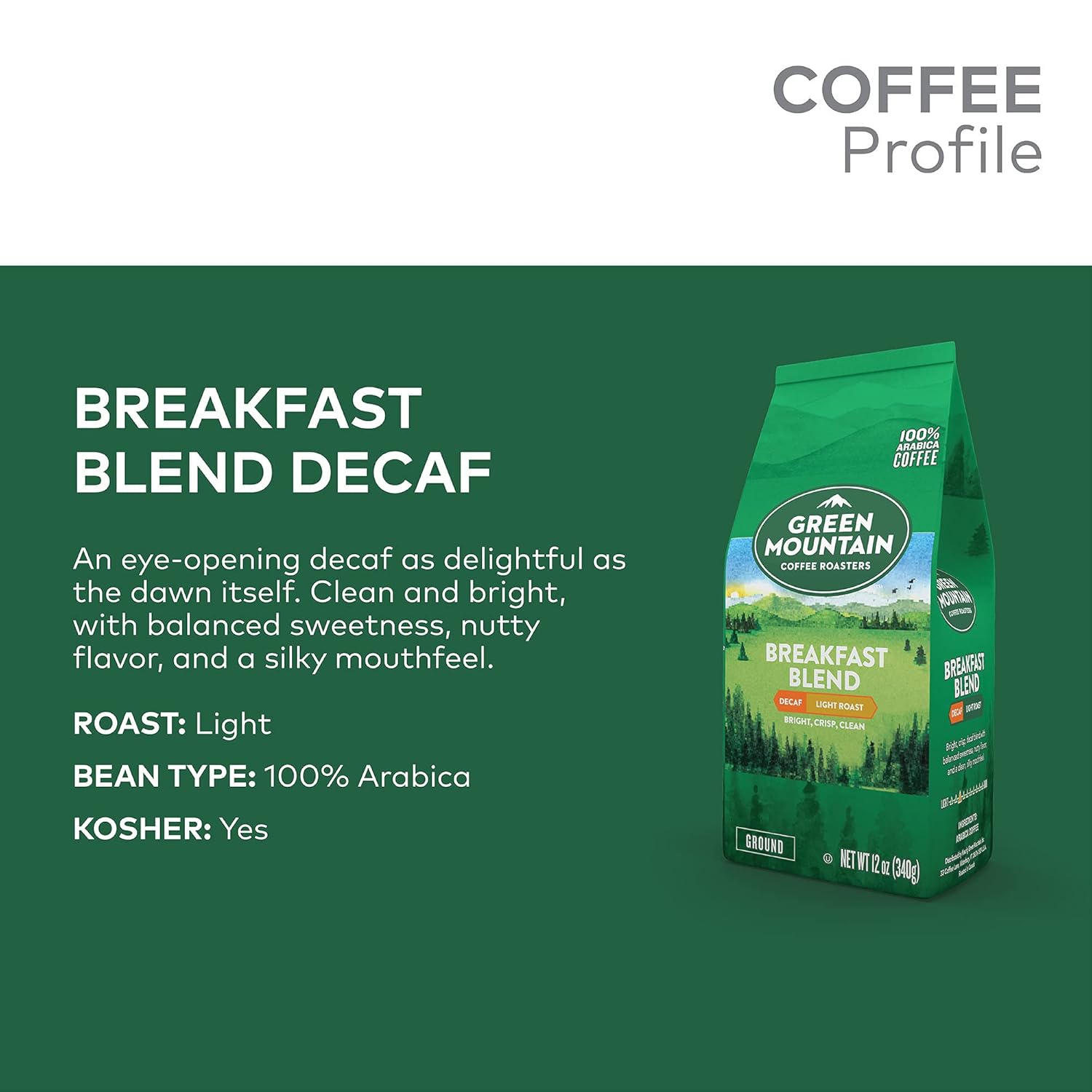 Green Mountain Coffee Roasters, Breakfast Blend Decaf, Ground Coffee, Decaffeinated, Light Roast, Bagged 12oz. (Pack of 2)