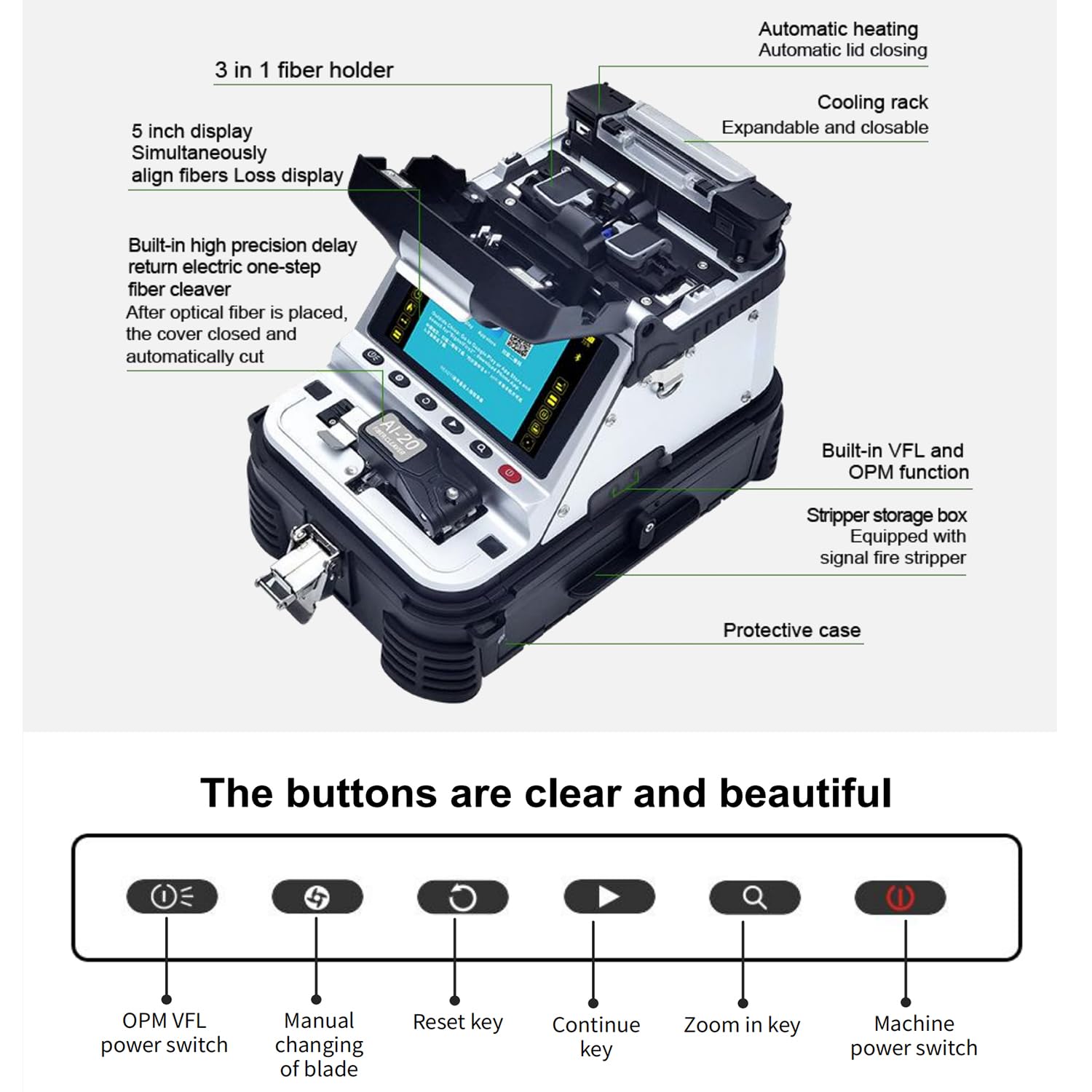 SM&MM Fusion Splicer - Cortador de fibra de un solo paso de alta precisión, empalmador óptico integrado y soporte de fibra 3 en 1 con función VFL y OPM (Ai-20A)