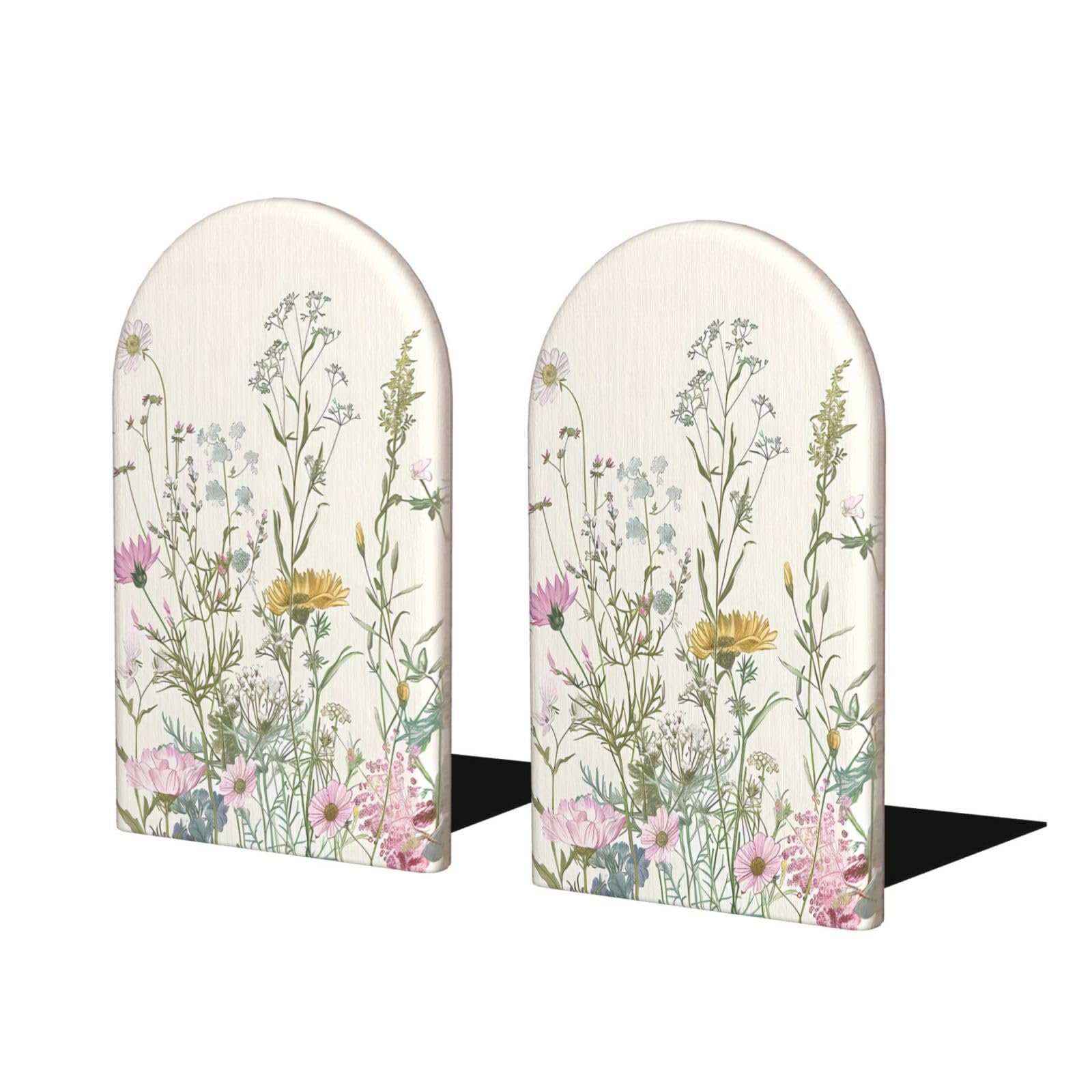 DXTKWL Decorative Bookends 2 Pcs Retro Wildflower Floral Leaves Wood Bookends for Shelves Heavy Books Kids Non-Skid Book Ends Stoppers for Office Desk