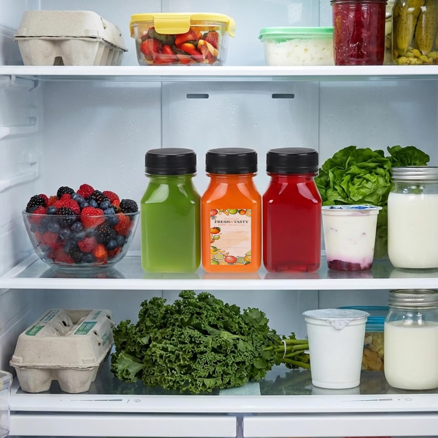 TOMNK 150pcs Juice Bottles with Caps, 4oz Plastic Containers with Lids Empty Reusable Clear Ginger Shots Bottles with Label, Funnel, and Brush Beverage for Juicing, Smoothies, Drinking, Fridge