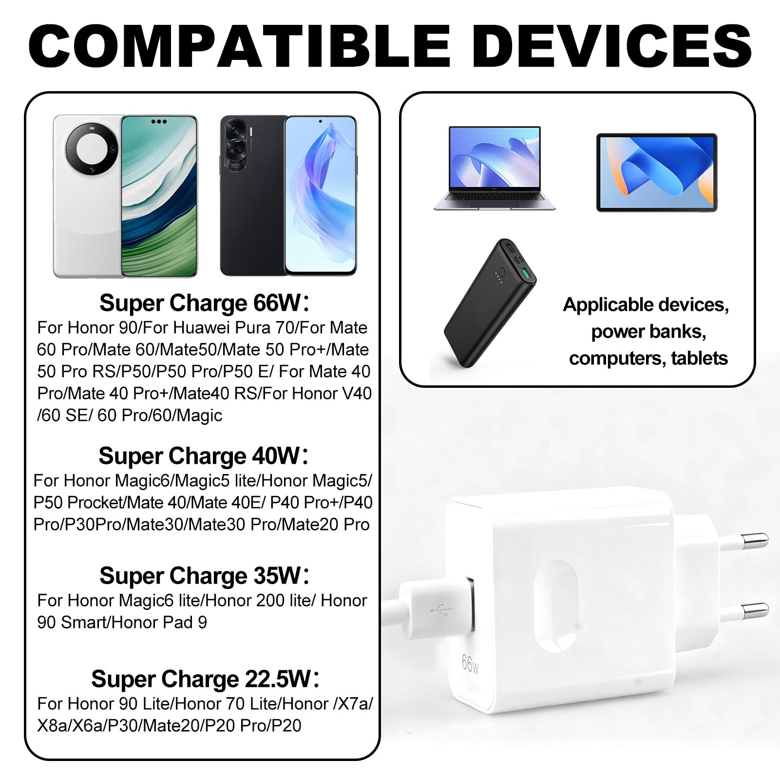 Caricatore USB 35W per SuperCharge per HONOR 400 Lite 5G Pad X9a X6c X6b X7b Magic6 Lite 200 400 Smart, 22.5w Spina Adattatore di Caricabatterie Mobile per HONOR X8a X7a X6a Pad