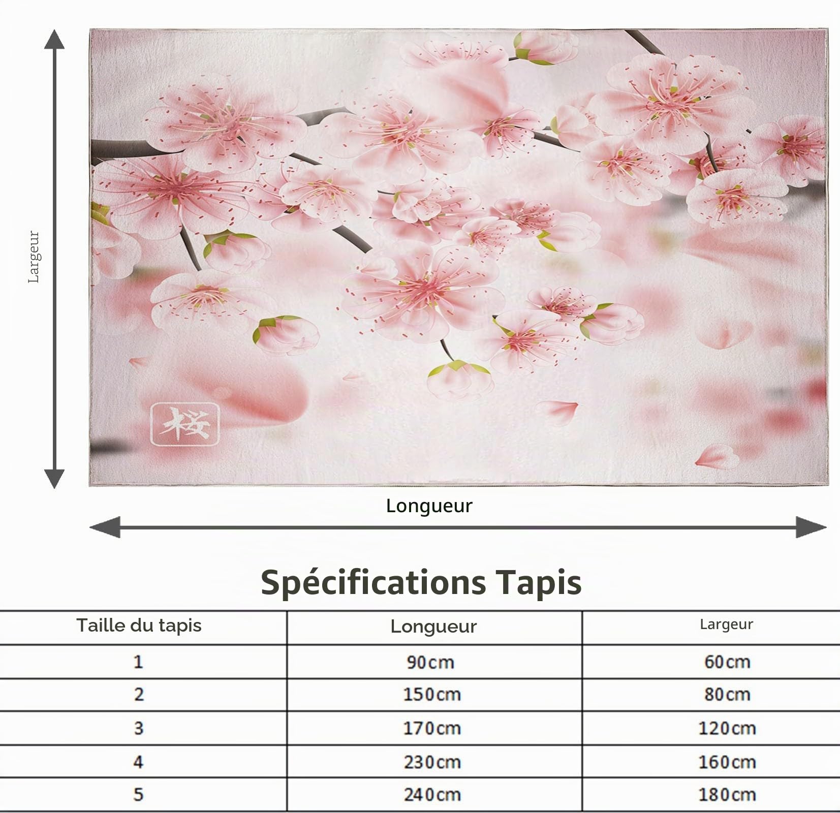 Rose Tapis de Salon 80 x 150cm Fleurs de Cerisier Roses du Japon Tapis Doux Poils Courts Moderne Antidérapant Grand Tapis pour Salon Chambre Décoration d'intérieur Garçons Filles Adolescents