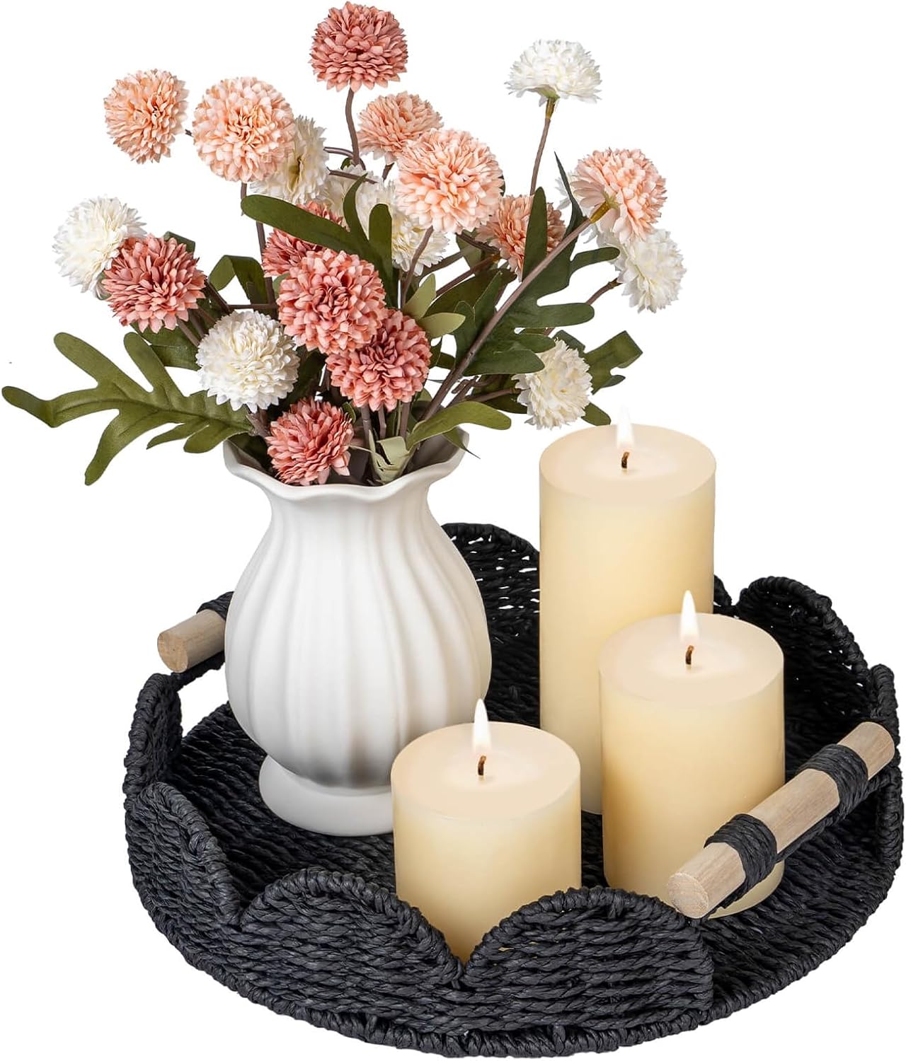 CubesLand Round Scalloped Decorative Centerpiece Tray for Coffee Table, Home Decor, Living Room - Black Tray w/Wooden Handle – Warm and Elegant for Holidays, Housewarmings - Candle Plate Holder