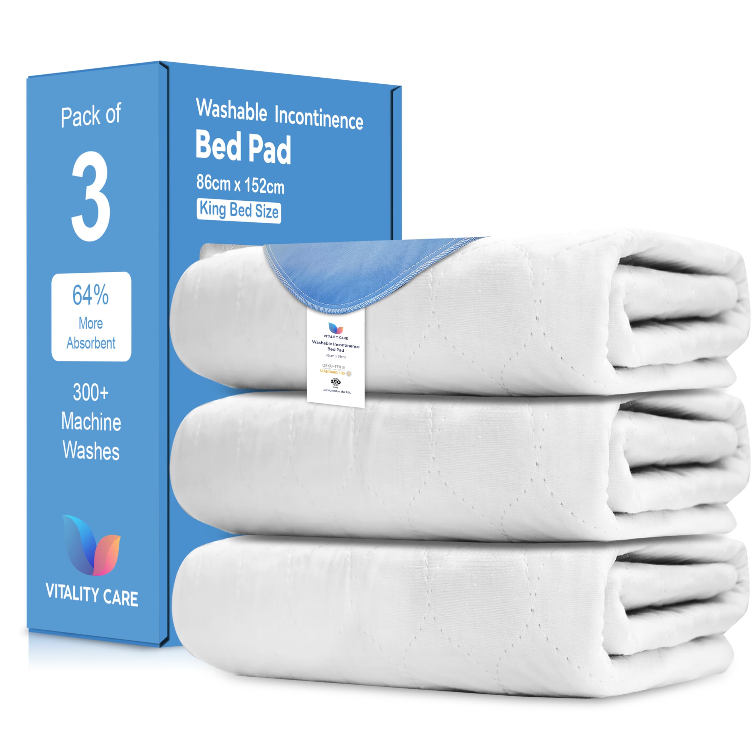Vitality Care (3X King Bed 86X152cm) Washable King Bed Pad Incontinence Reusable Bed Pads Super Absorbent 86 X 152Cm