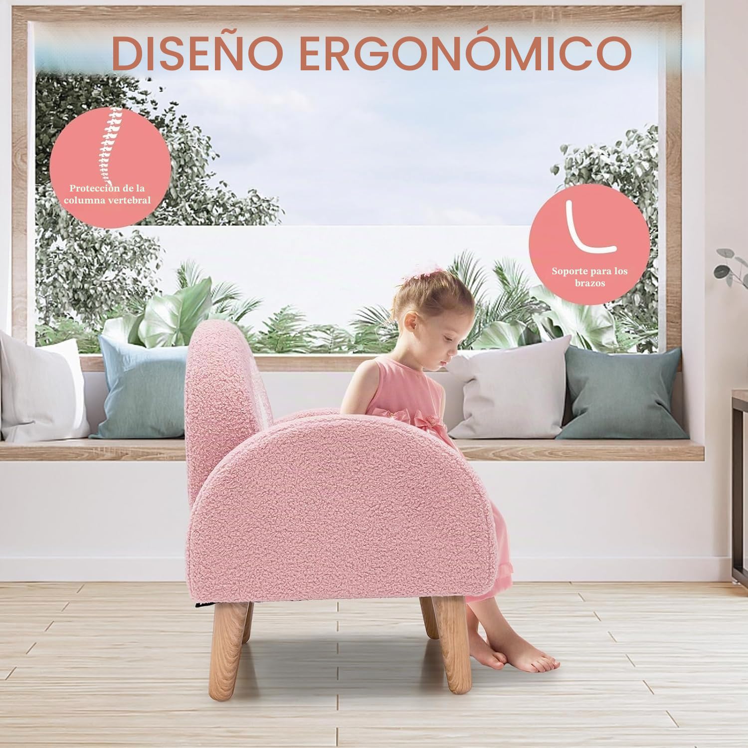 GOPLUS Sillón infantil sofá de peluche con respaldo y apoyabrazos acolchado rosa