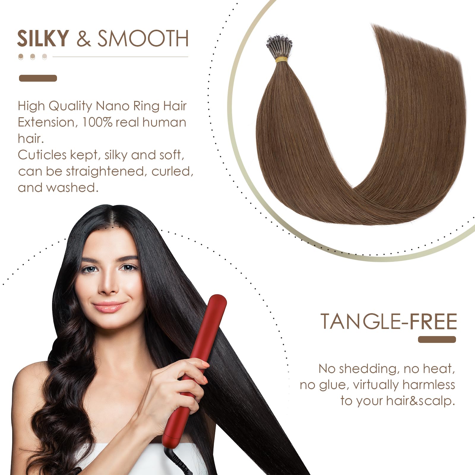 Silk-co Nano Ring Hair Extensions 18inch 1g/s Pre Bonded 50g Nano Breads Extensions Tip Bondings 100% Real Remy Human Hair #04 Medium Brown With Nano Beads Cold Fusion 50 Strands - Image 4