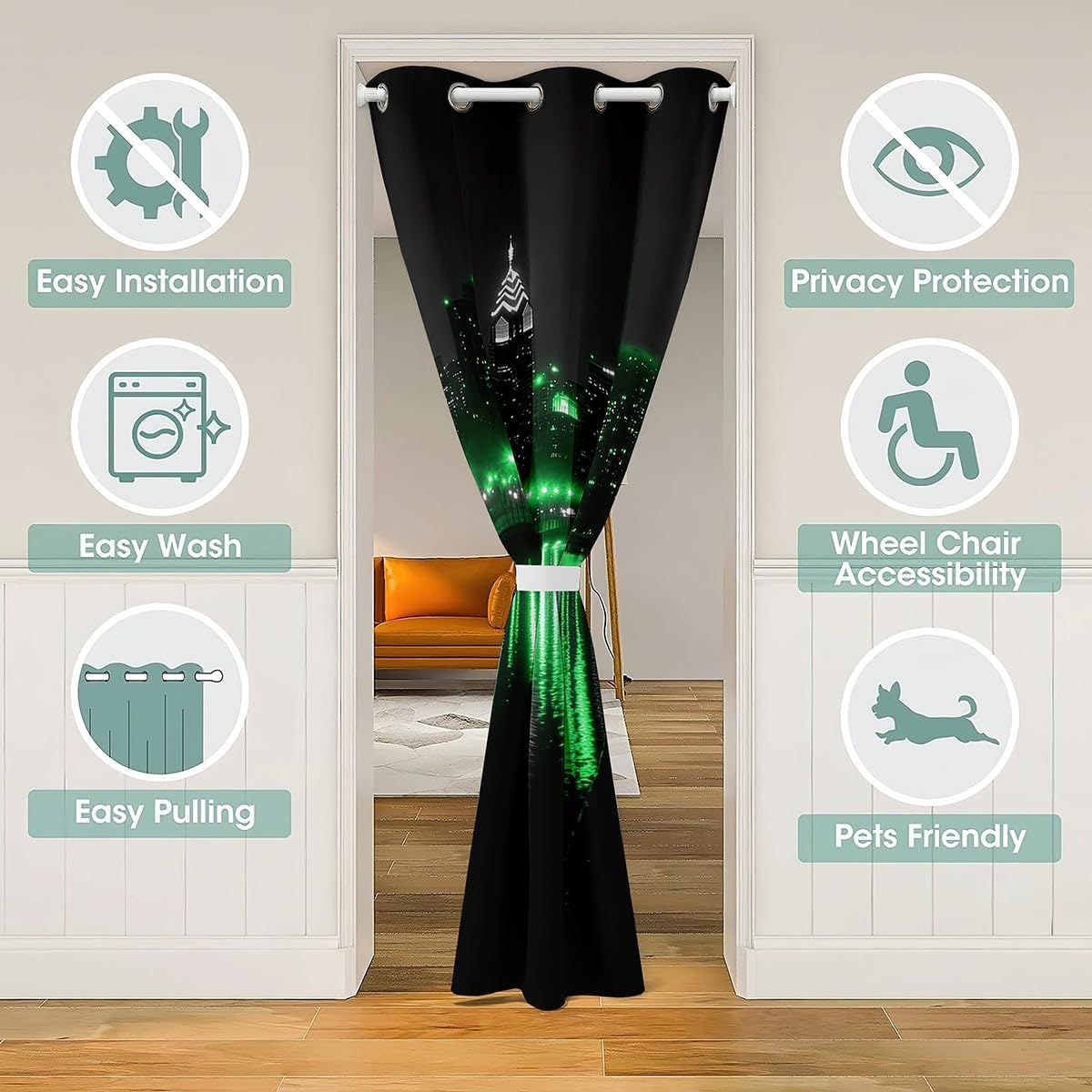 jejeloiu Golden Gate Bridge Door Curtain for Doorway Privacy 52x84 Inch 1 Panel Kids Nightscape Closet Cover Teens City Scenery Room Divider Curtain Breathable Soft Lightweight Black Green Room Decor