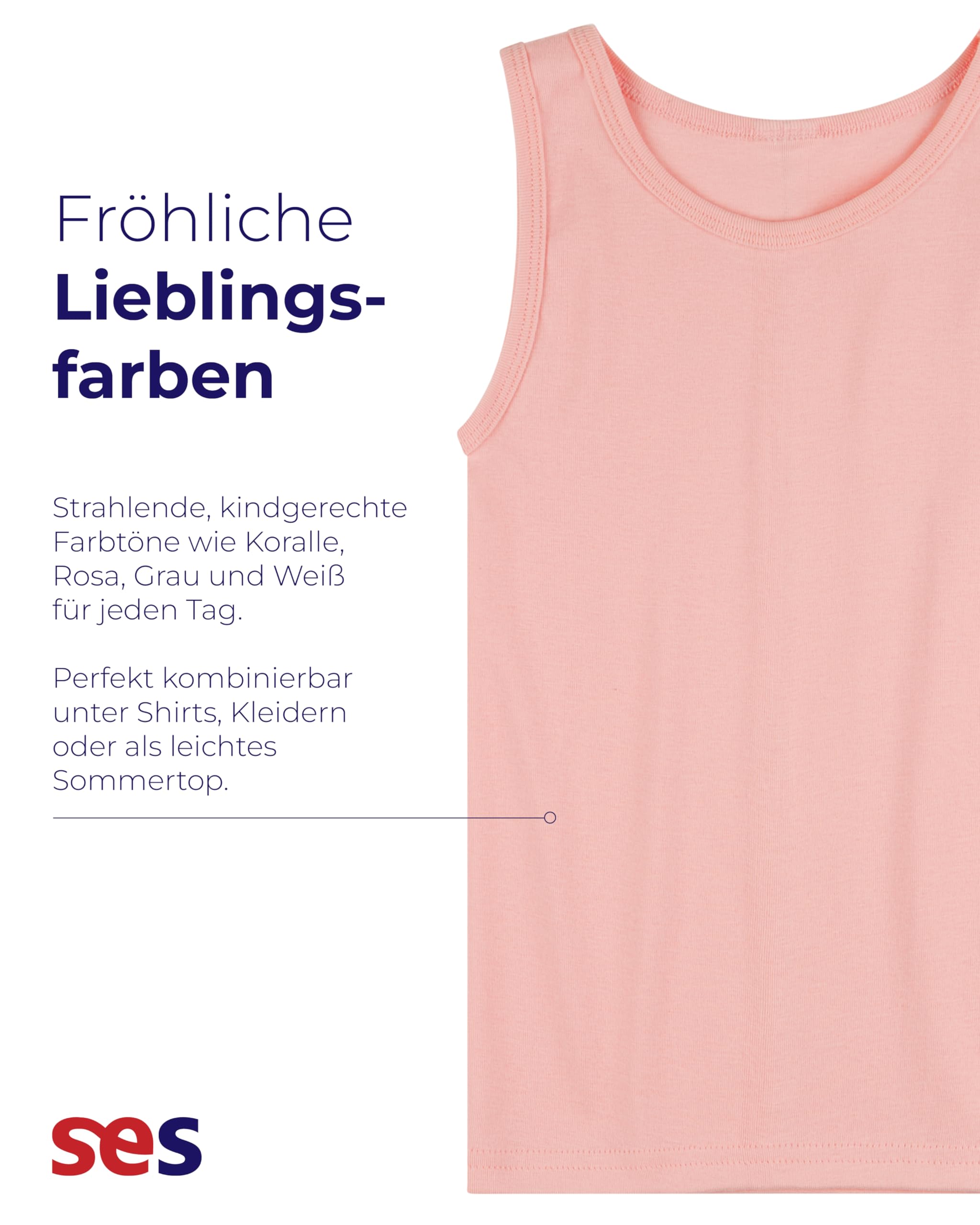 SES Lot de 4 maillots de corps pour fille, 100 % coton, en 4 couleurs, 92-182 cm, maillots de corps confortables pour fille, rose et gris, maillot de corps pour enfant/enfant fille