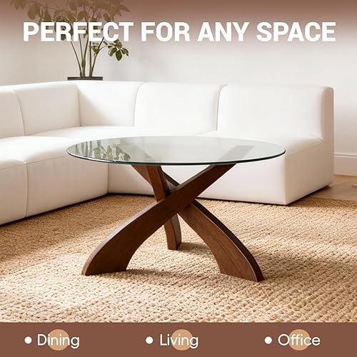 Miniatura 5 de Honyee Mesa auxiliar de cristal, mesa de centro redonda de 30.7 pulgadas con parte superior de vidrio templado, base de madera de nogal en forma de