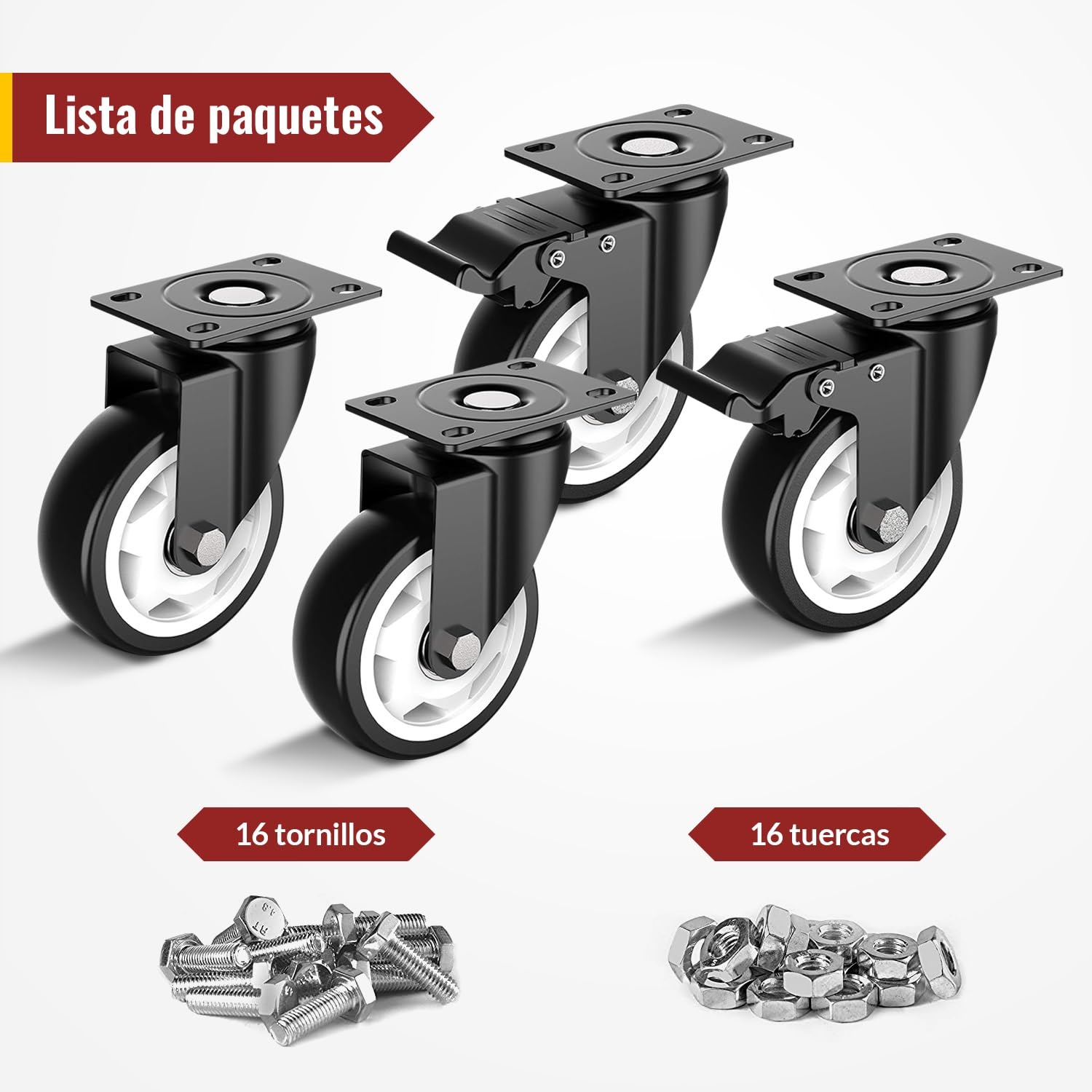 Ruedas Giratorias 100 mm - Ruedas para muebles pesados - Capacidad máxima de carga 600 kg (2 con freno y 2 sin freno)