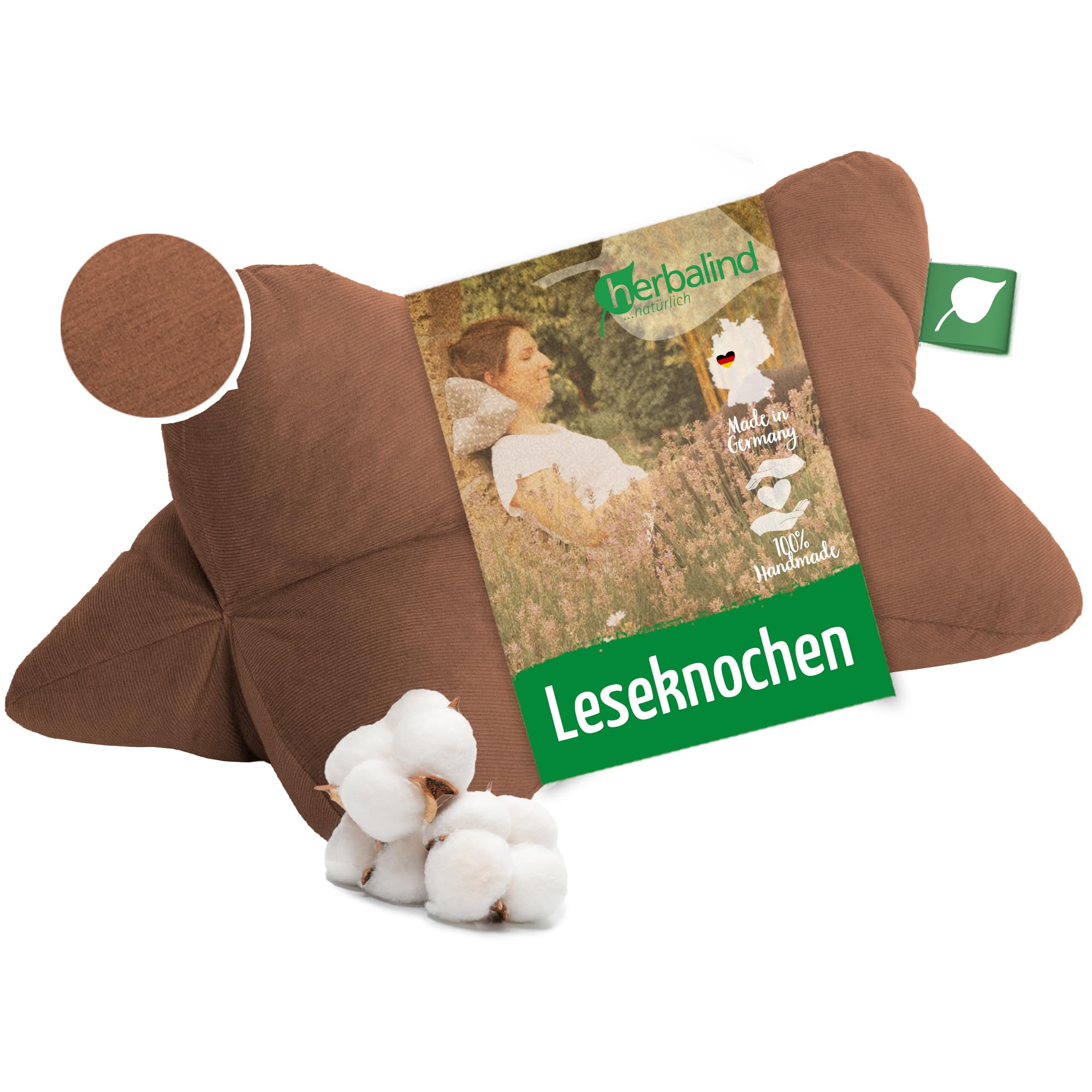 Herbalind Leseknochen Feiner Cord WOHLFÜHLZEIT - 100% Baumwolle Babycord robust und waschbar - Nackenkissen in Trendfarben, vielseitig einsetzbar - 40x18 cm, braun