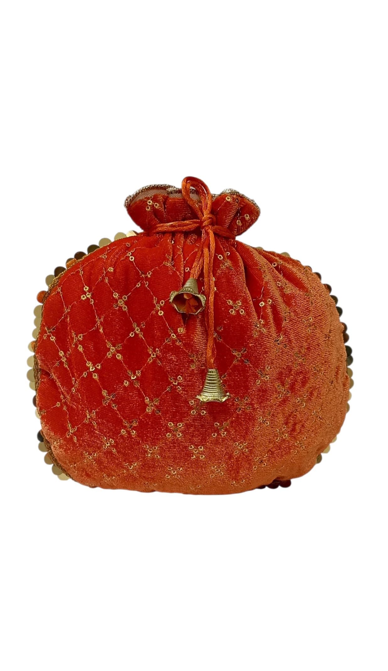 Pouch Bag for Women Orange Velvet with Gold Sequins Embroidery-image-41