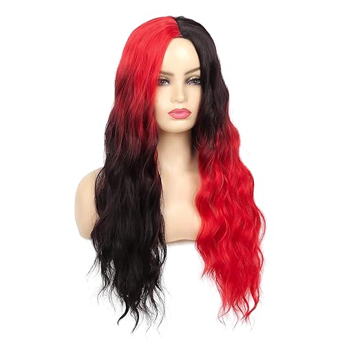Miniatura 4 de Swiking Pelucas mitad roja mitad negra para mujer, cabello sintético largo rizado, resistente al calor, peluca completa para uso diario, fiesta,