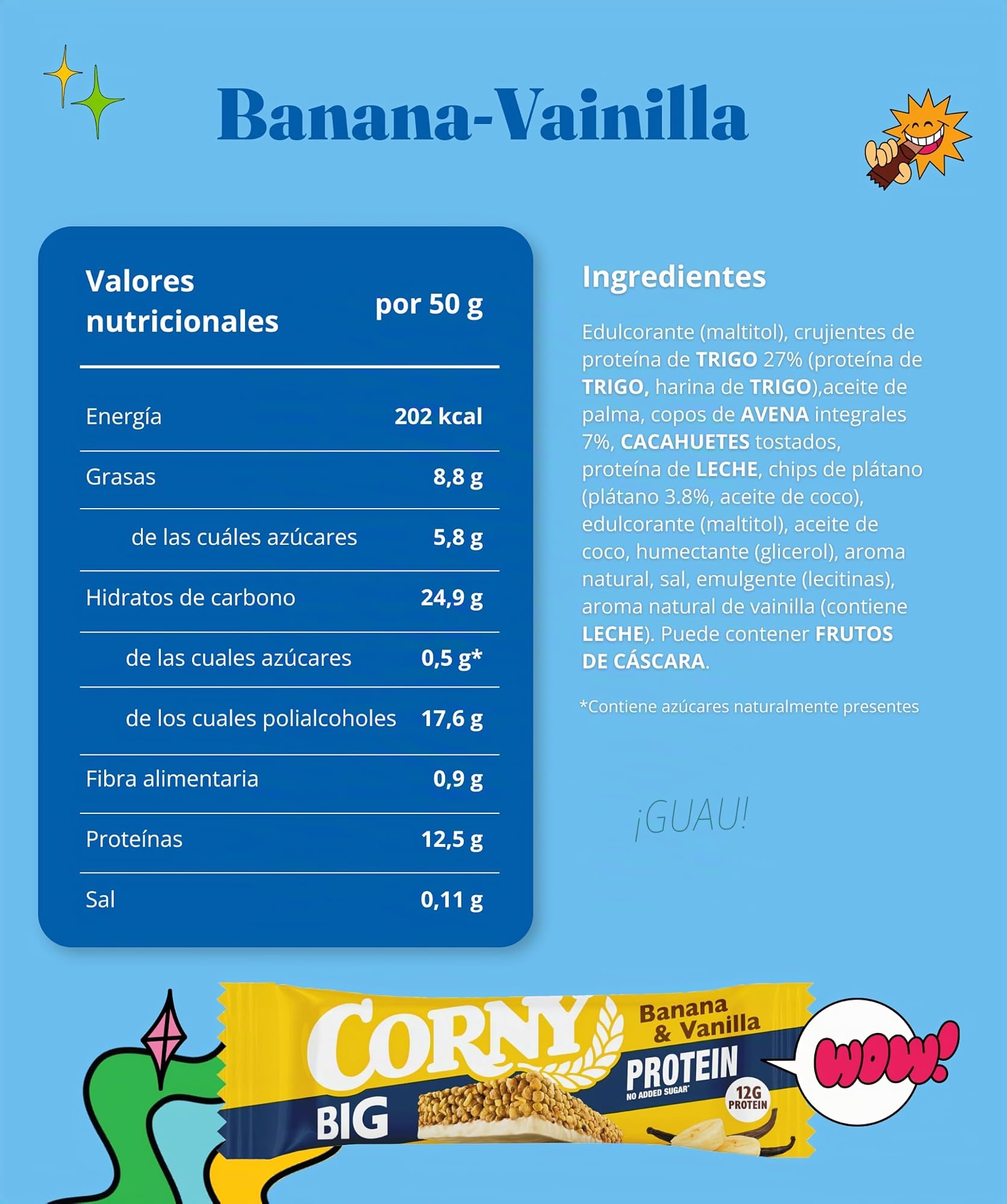 Corny Big Protein Barritas Plátano y Vainilla, 12 g Proteína, 24x50 g | Sin Azúcar Añadido, Formato Extra Grande, Ayuda a la Recuperación Muscular, Snack Fitness para Deporte y Gimnasio