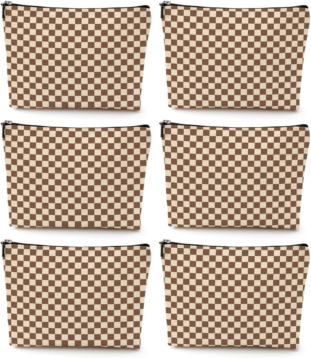 6 Pcs Checkered Makeup Bags Make up Bag Cosmetic Bags for Women Girls Wife Mom Aunt Valentine's Day Christmas Birthday Travel Toiletry Bag Aesthetic Zipper Organizer Accessories, Cute Brown Plaid