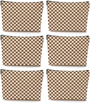 6 Pcs Checkered Makeup Bags Make up Bag Cosmetic Bags for Women Girls Wife Mom Aunt Valentines Day Christmas Birthday Travel Toiletry Bag Aesthetic Zipper Organizer Accessories, Cute Brown Plaid