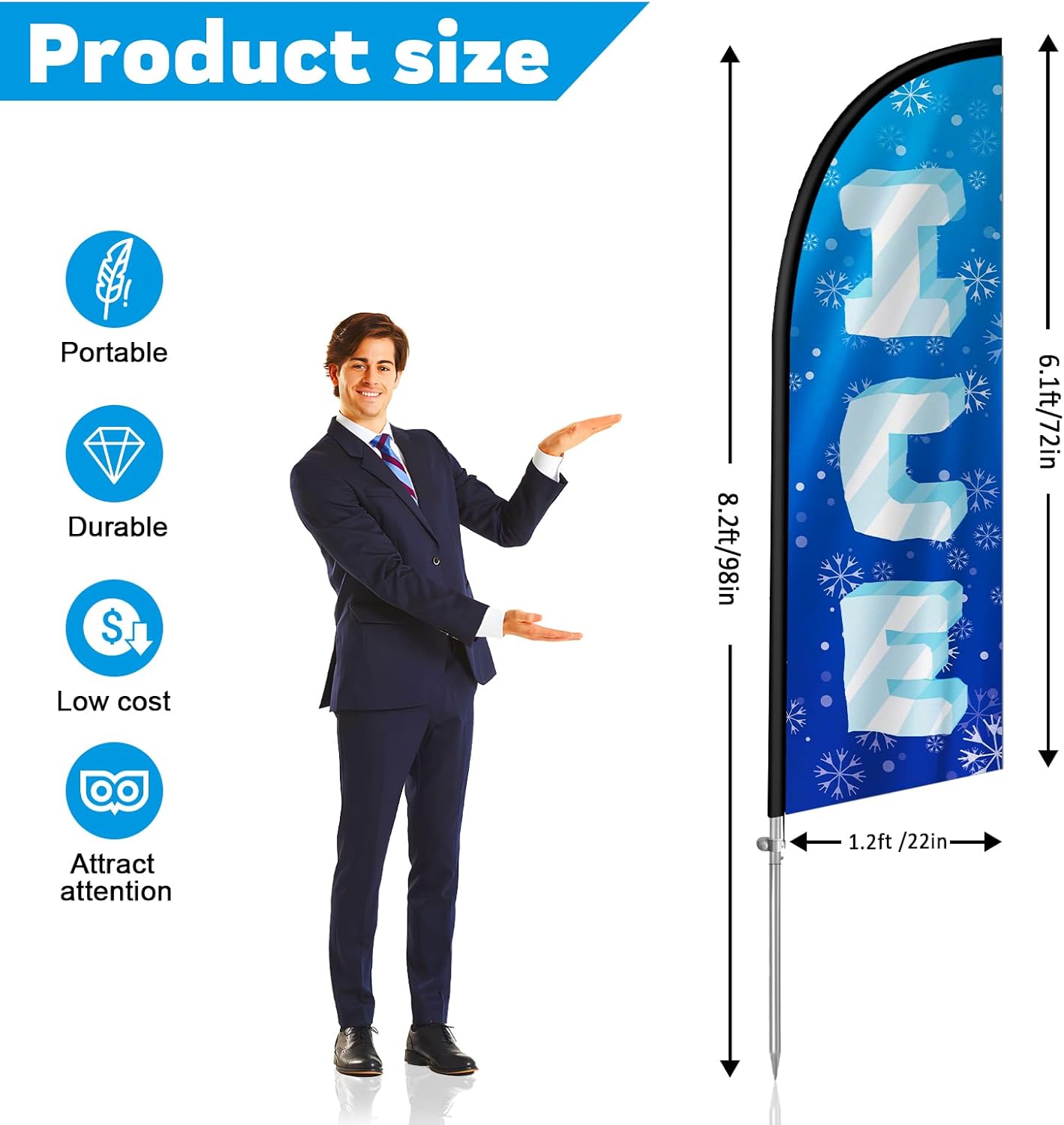 Ice Flag for Business, Ice 8FT Polyester Advertising Swooper Flag with Aluminium Alloy Flag Pole Kit, Stainless Steel, Ground Spike, Portable Bag