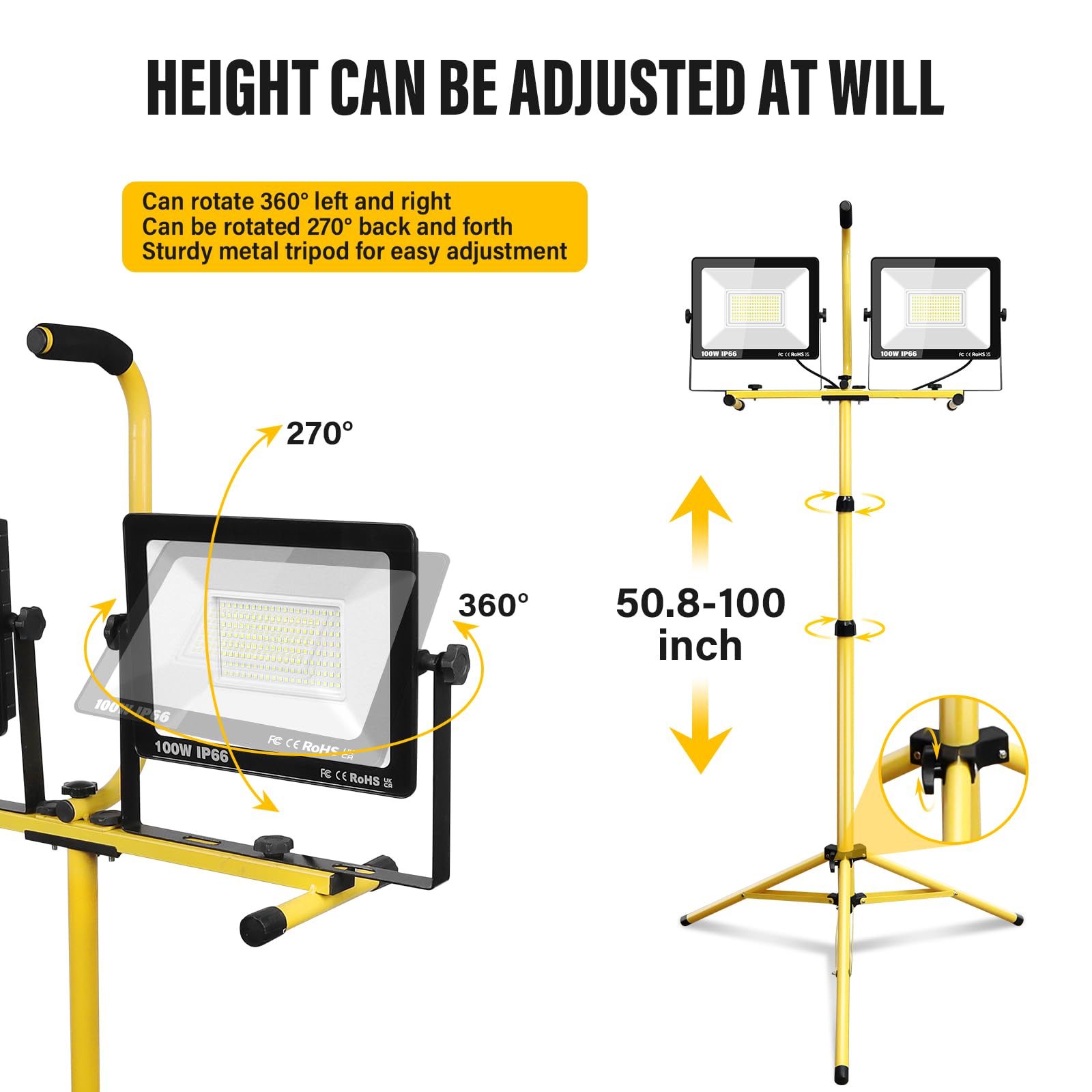 RIGIDON Lampe de travail LED avec support, 200 W, lampe de chantier portable à double tête, 175 V à 265 V, 20 000 lm, IP66, étanche IP66, avec cordon de 5 m pour atelier, garage, construction