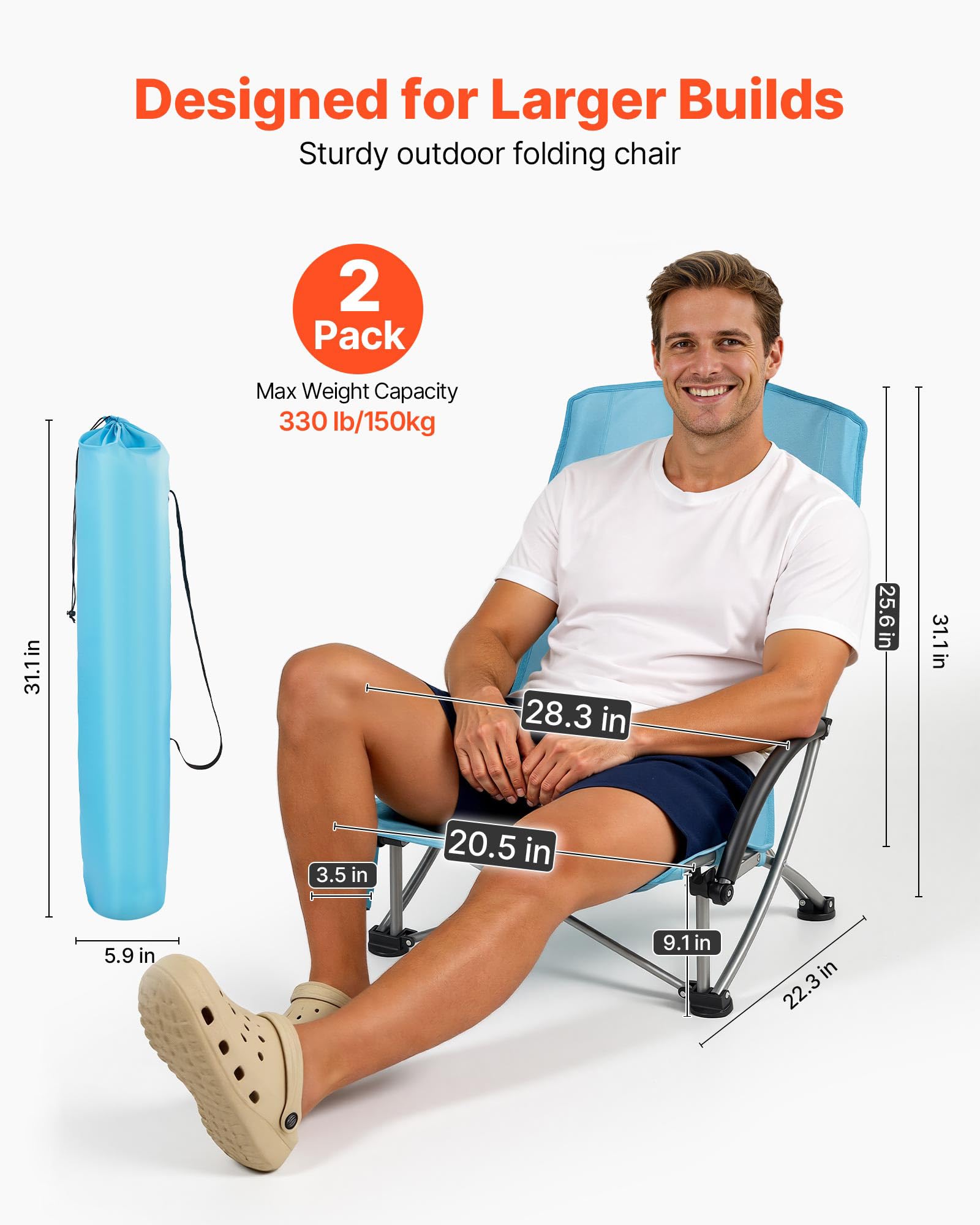 VEVOR Chaise de Camping Pliante et Portable 2PCs, Fauteuil Pliable Camping à Dossier Haut, pour Pique-Nique Randonnée Pêche en Plein Air, Charge 150 kg, avec Porte-gobelet et Sac de Transport, Bleu