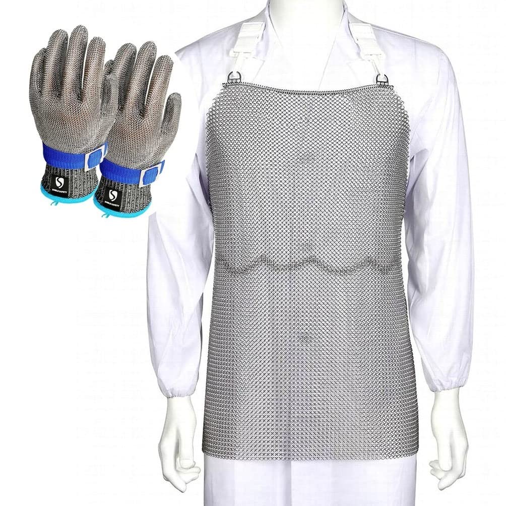 Apron Fartuch odporny na przecięcie i 2 rękawice odporne na przecięcie, fartuch ochronny z regulowanymi ramiączkami, 5 rozmiarów (Color : Gloves-XXL, Size : 55x76cm)