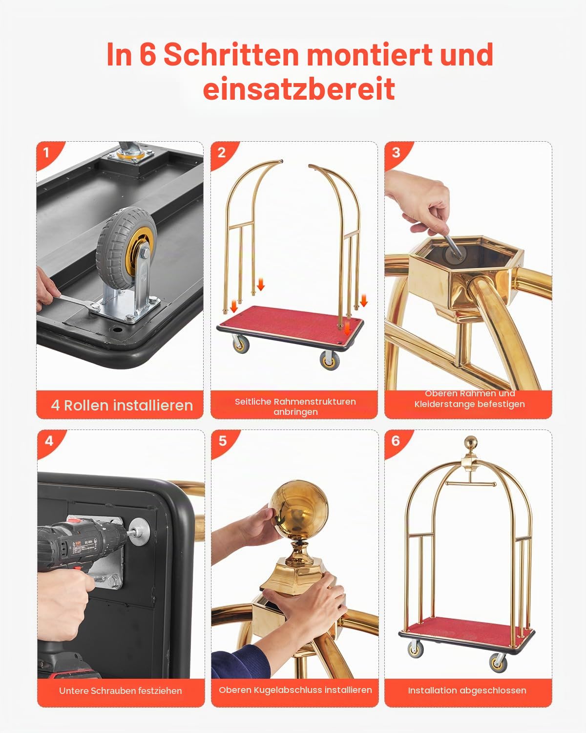 VEVOR Hotelgepäckwagen, 500 kg Tragkraft, Edelstahl-Pagenwagen mit gebogenen Pfosten, Parkservice-Wagen mit rotem Teppichboden & 15 cm Gummirädern, ideal für Hotels, Eigentumswohnungen, Resorts