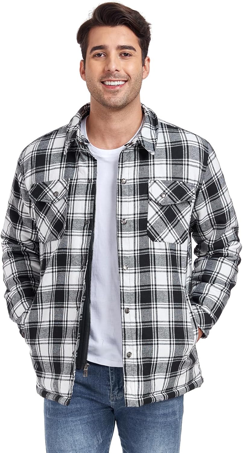CHEXPEL Flannel Jackets for Men Long Sleeve Plaid Shirt Jacket Quilt Lined Hooded with Button Down Winter Coat - Image 2